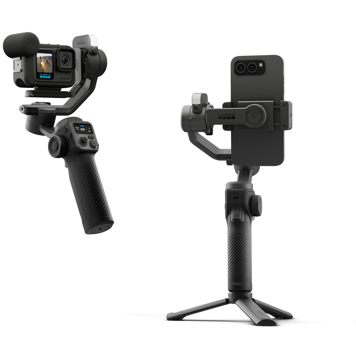 Deux nacelles de caméra noires avec caméras, une avec une GoPro, l'autre avec un smartphone.