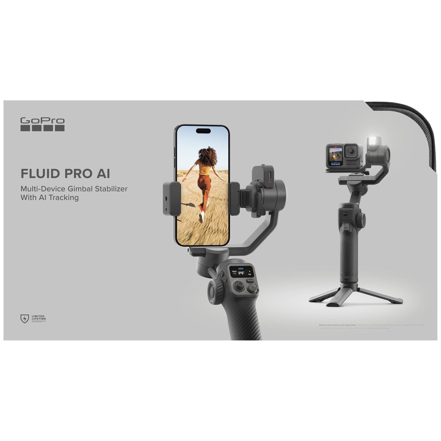 Stabilisateur de cardan GoPro Fluid Pro AI avec supports pour téléphone et caméra d'action.