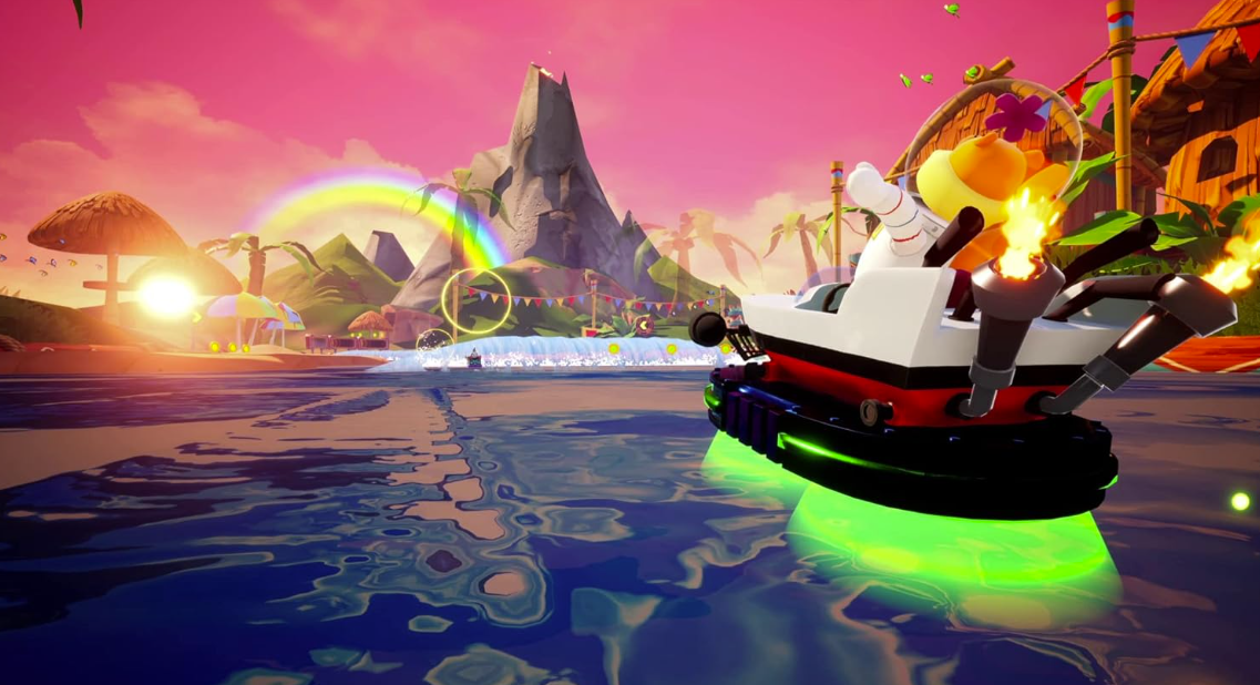 Ein Charakter in einem Raumschiffboot fährt auf dem Wasser, ein Vulkan im Hintergrund.