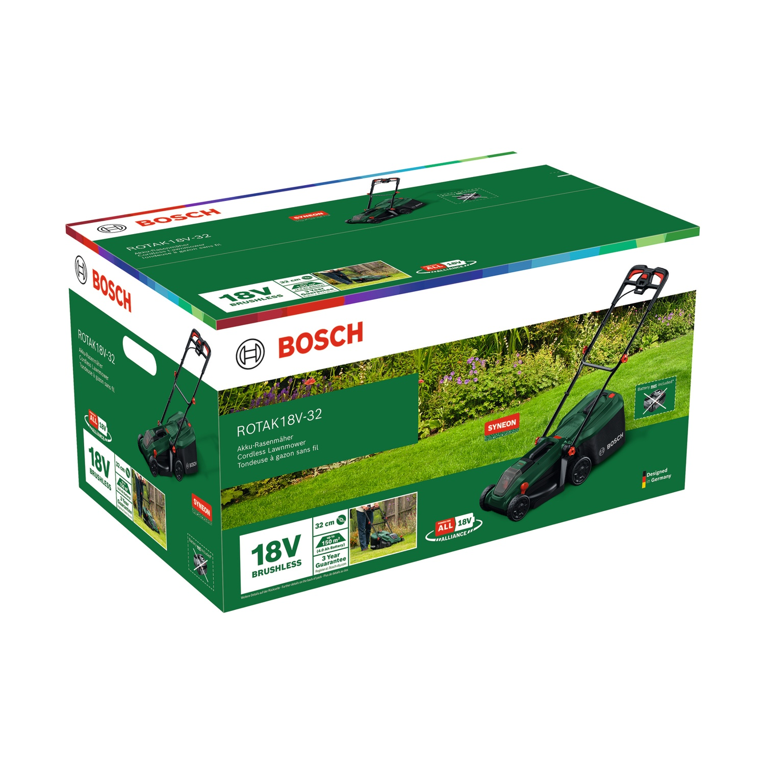 Tosaerba a batteria Bosch Rotak 18V-32 su prato verde con fiori viola.