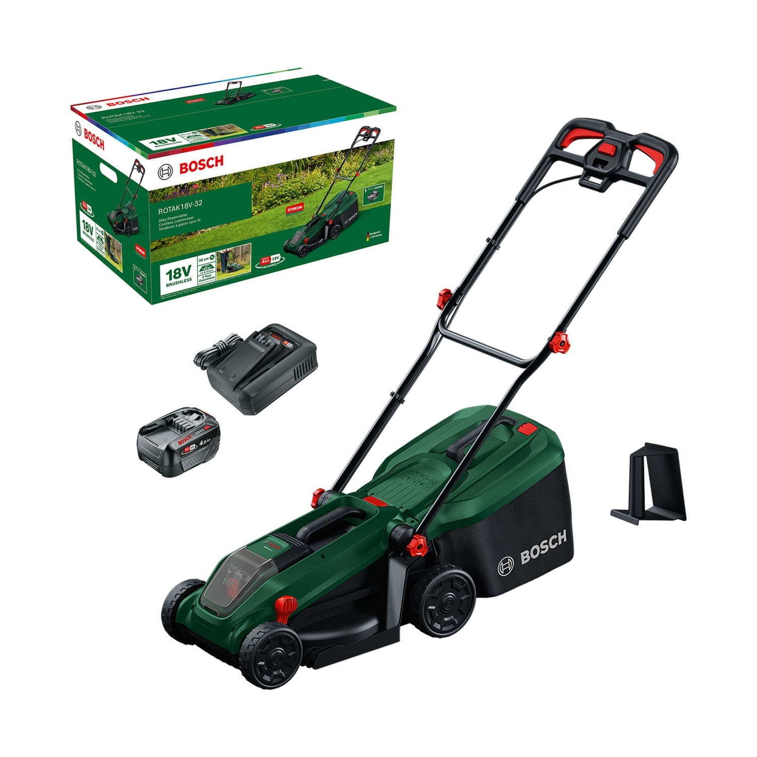 Tosaerba a batteria Bosch verde con accessori e scatola.