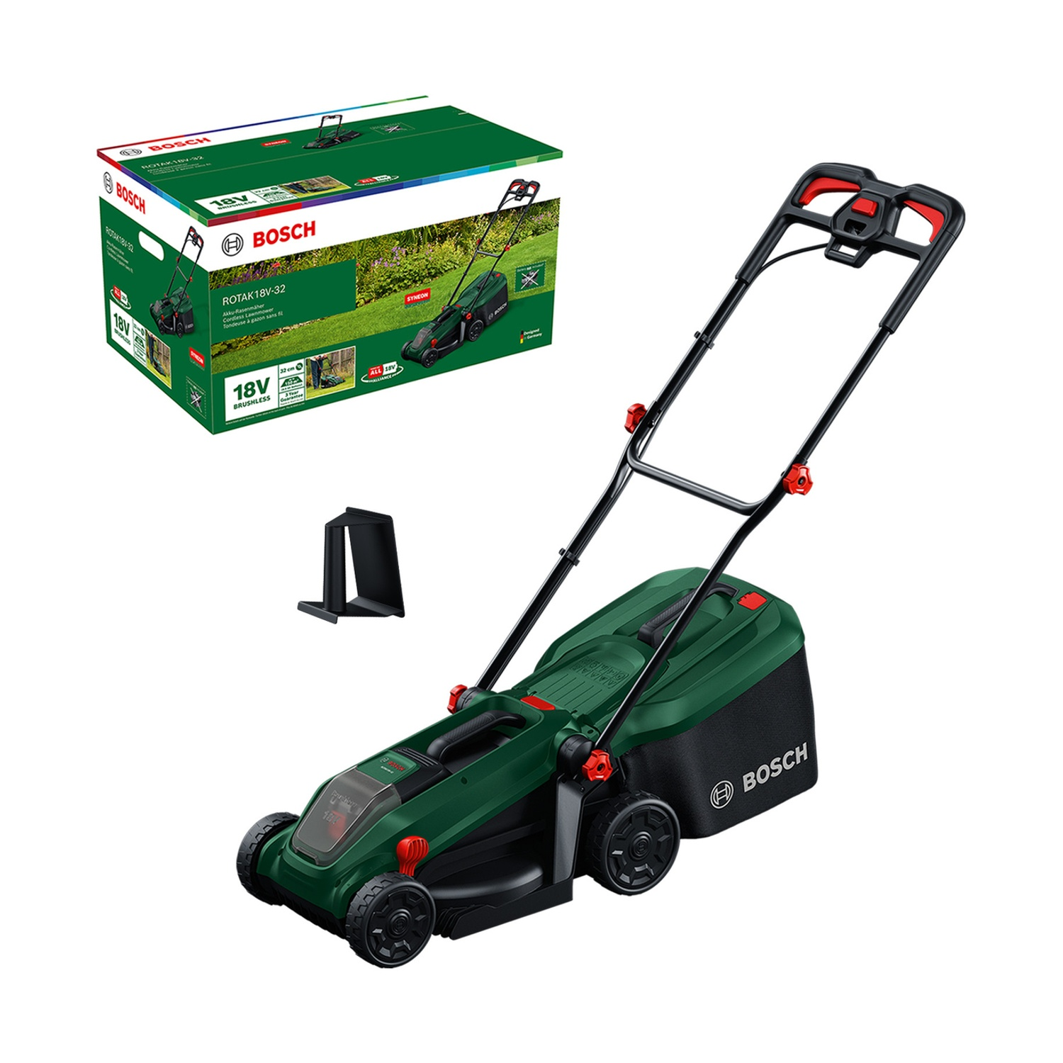 Un tosaerba a batteria Bosch verde con cesto raccoglierba e confezione.