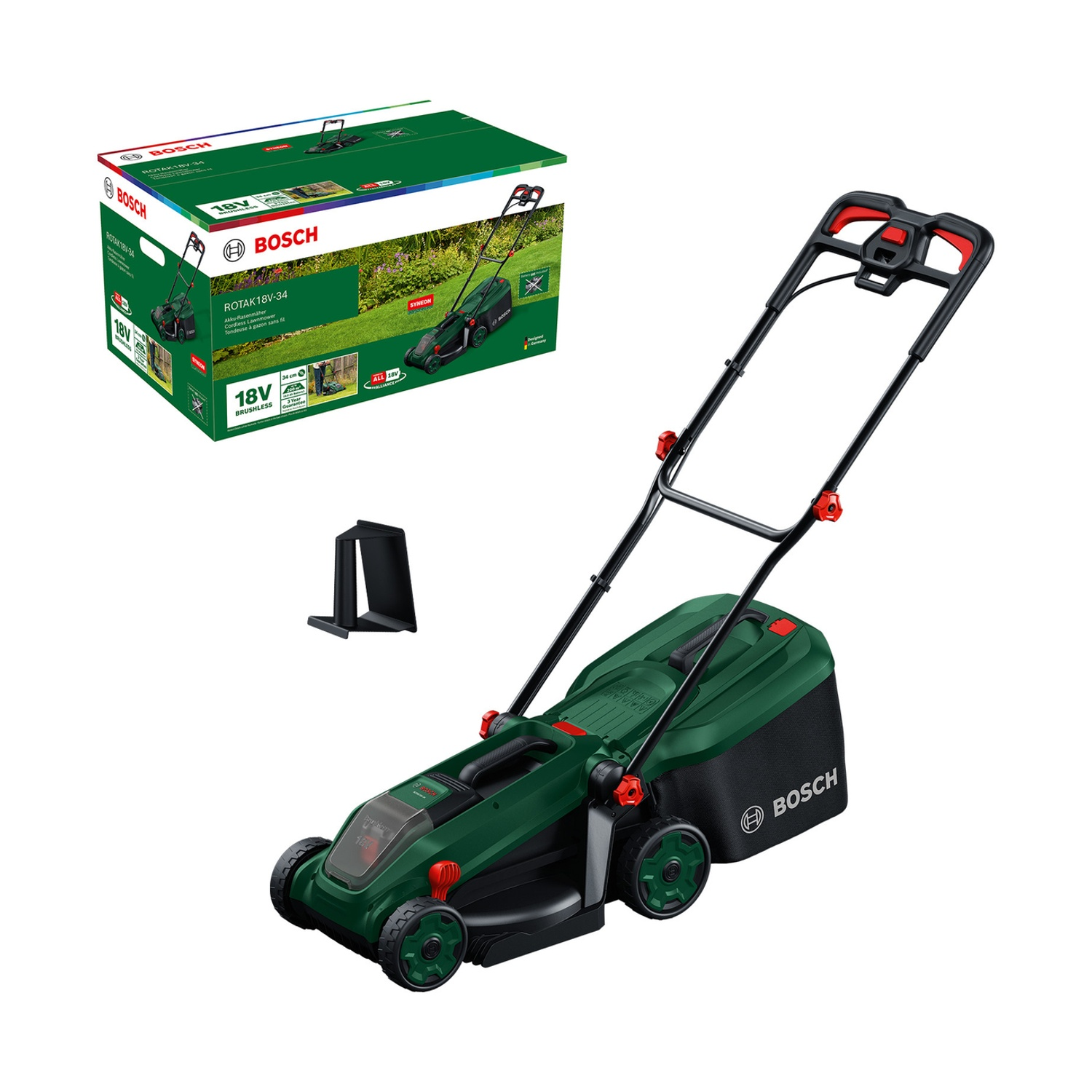 Un tosaerba a batteria Bosch verde è mostrato accanto alla sua scatola.