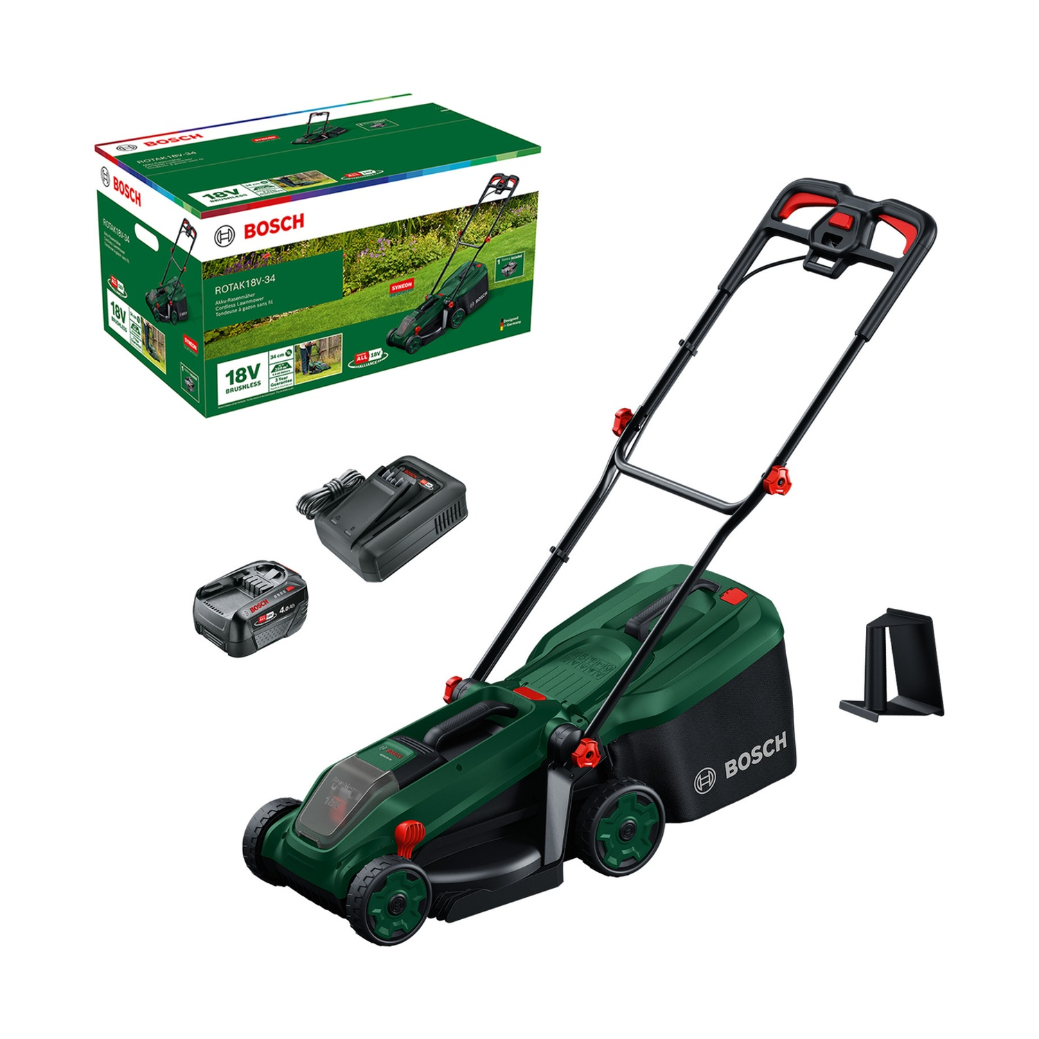 Un tosaerba Bosch verde con batteria, caricabatterie e scatola su sfondo bianco.