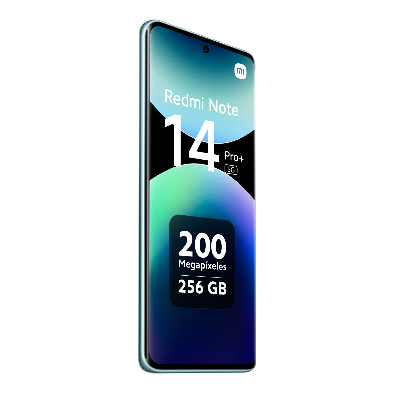 Un smartphone azul claro muestra Redmi Note 14 Pro+ 5G.