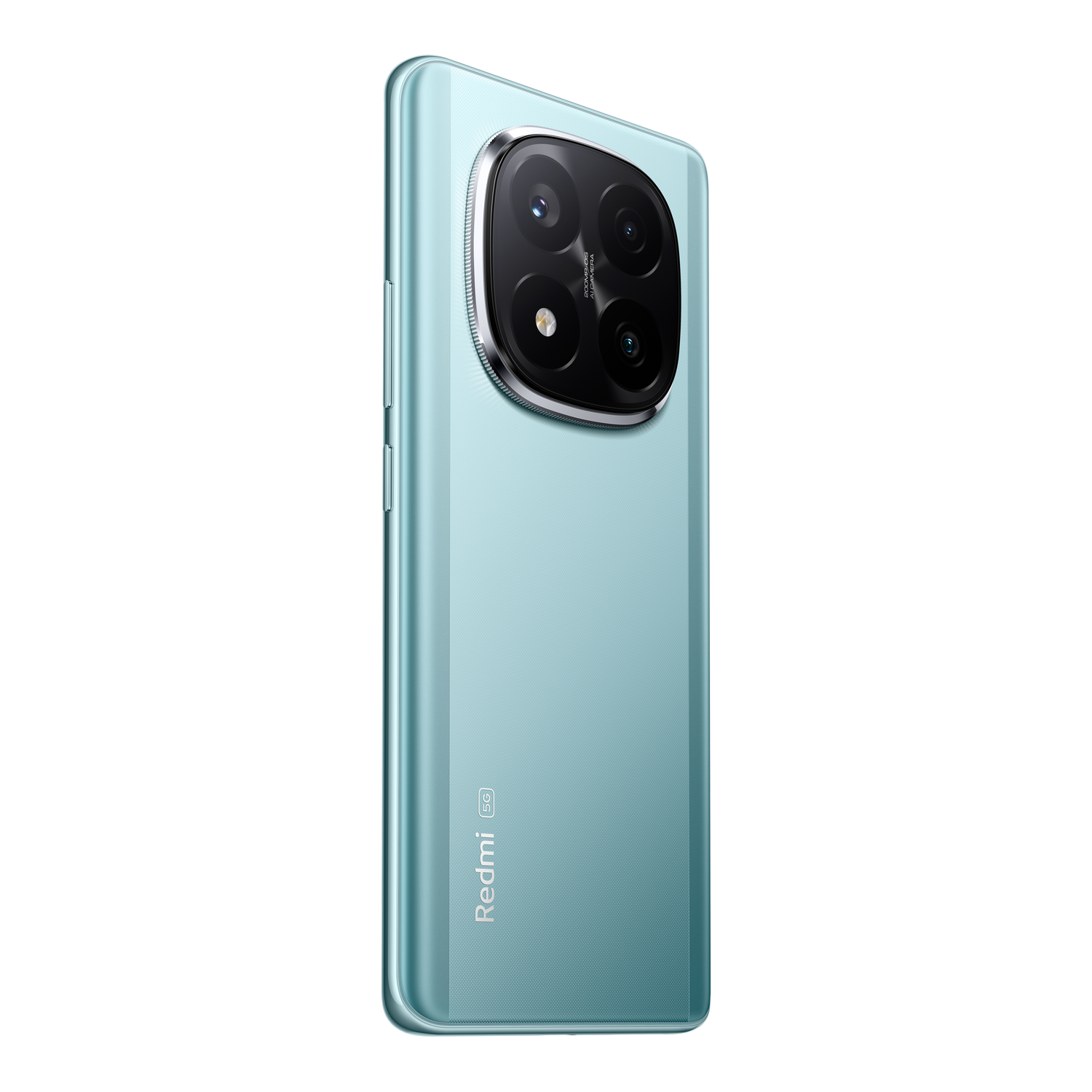 Un smartphone turquesa con un gran módulo de cámara circular en la parte trasera.