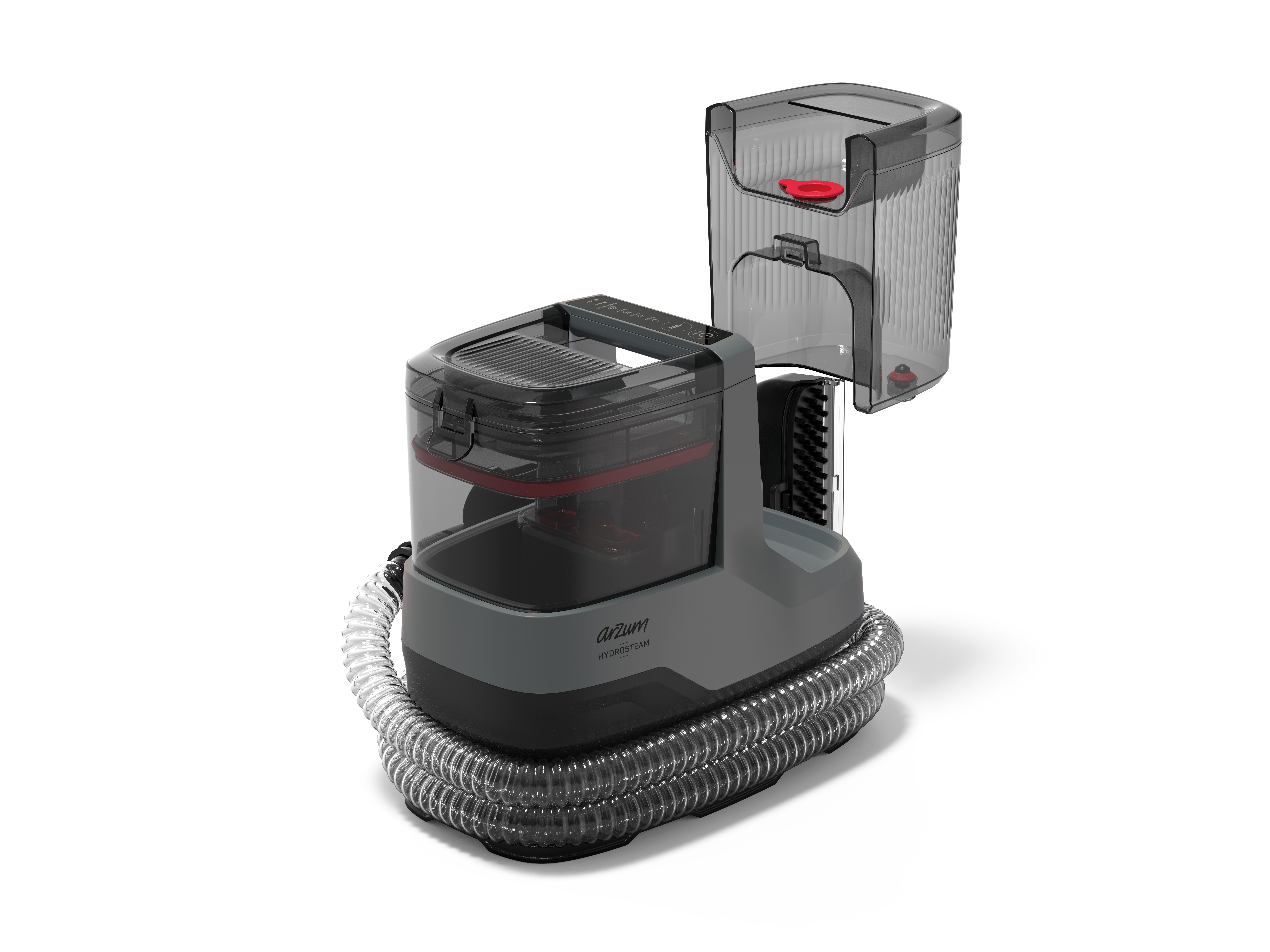 Şeffaf tanklı ve hortumlu gri buharlı temizleyici beyaz zeminde.