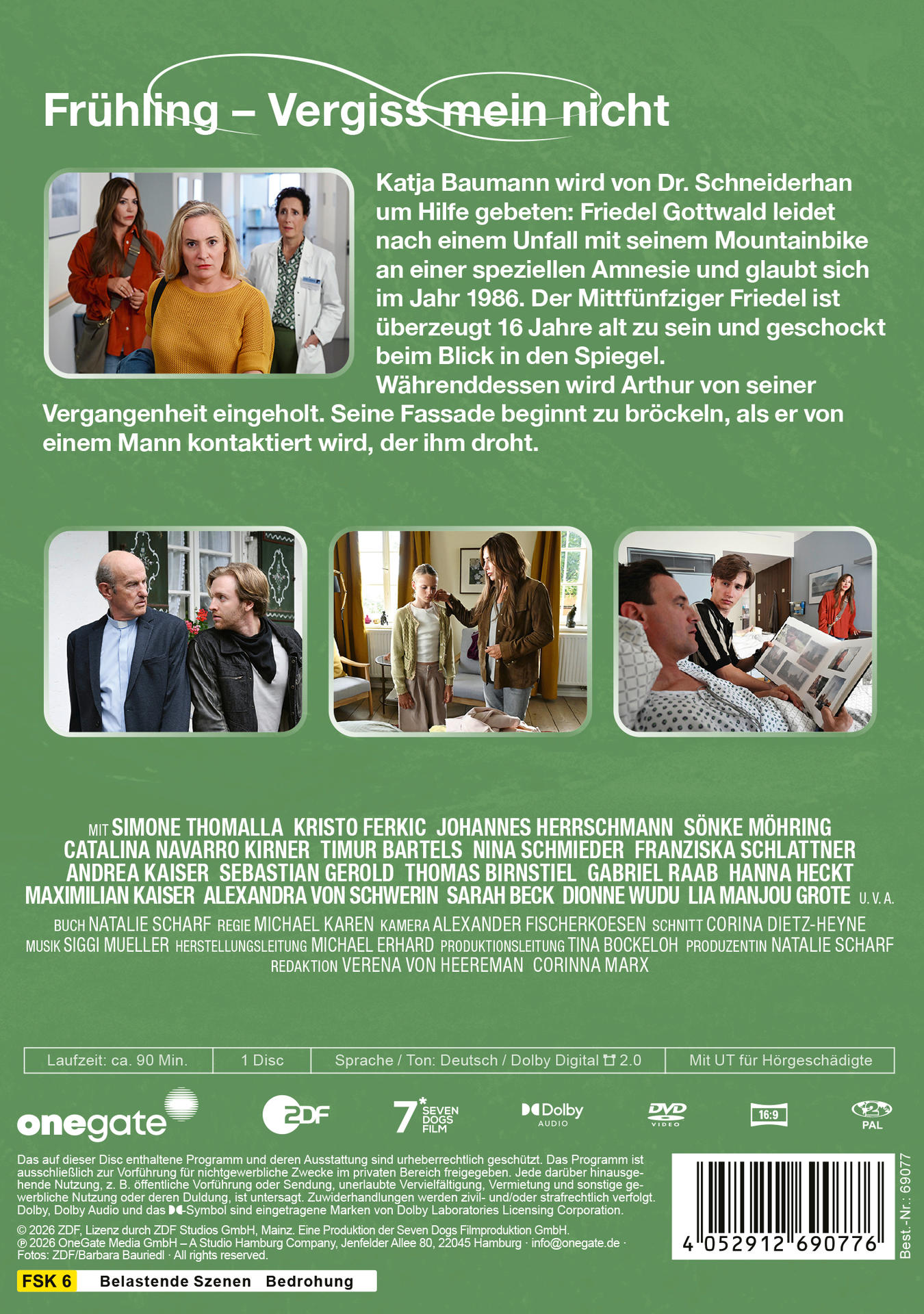 Drei Frauen und drei Männer in verschiedenen Szenen vor grünem Hintergrund.