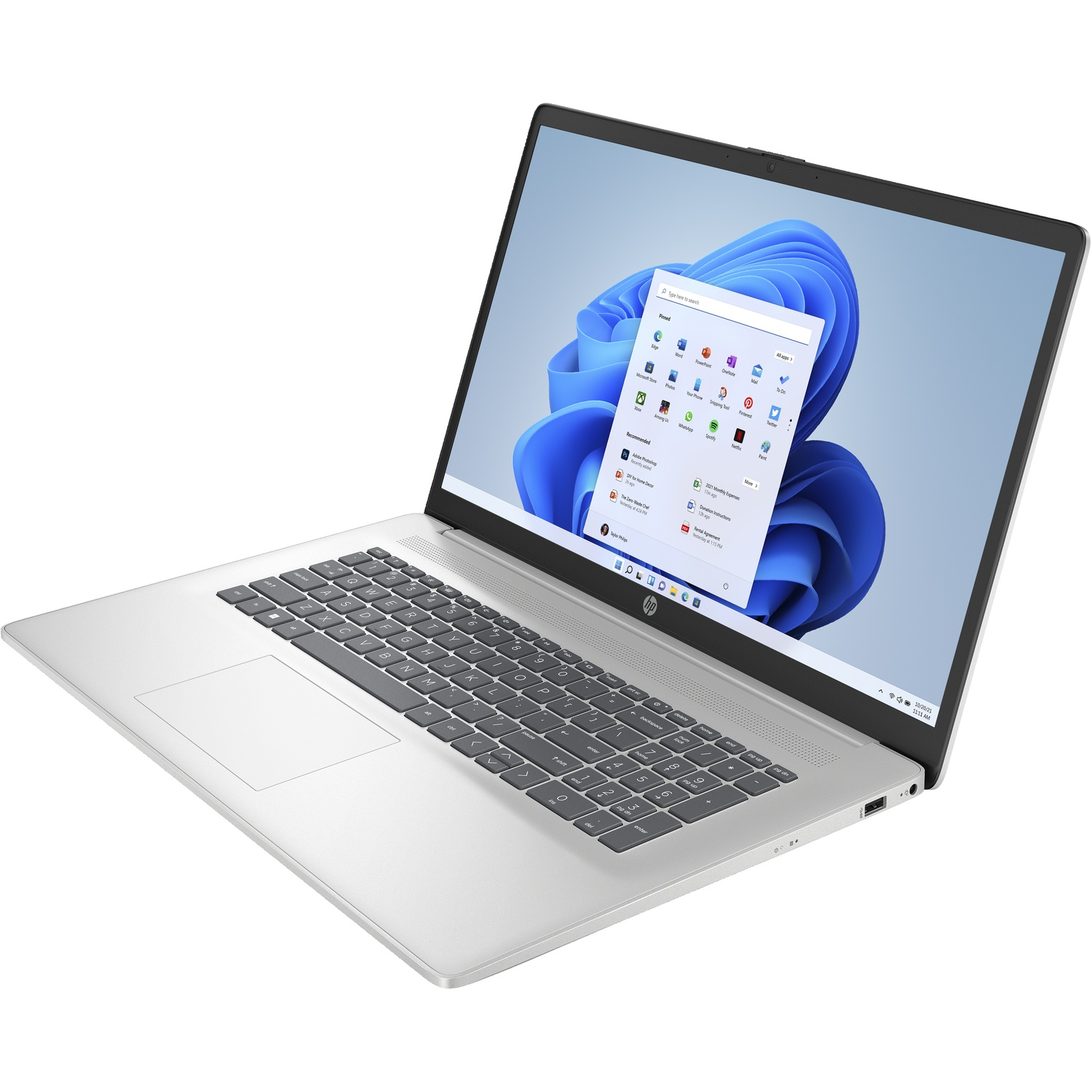 A silver laptop running Windows 11, showing an open menu.