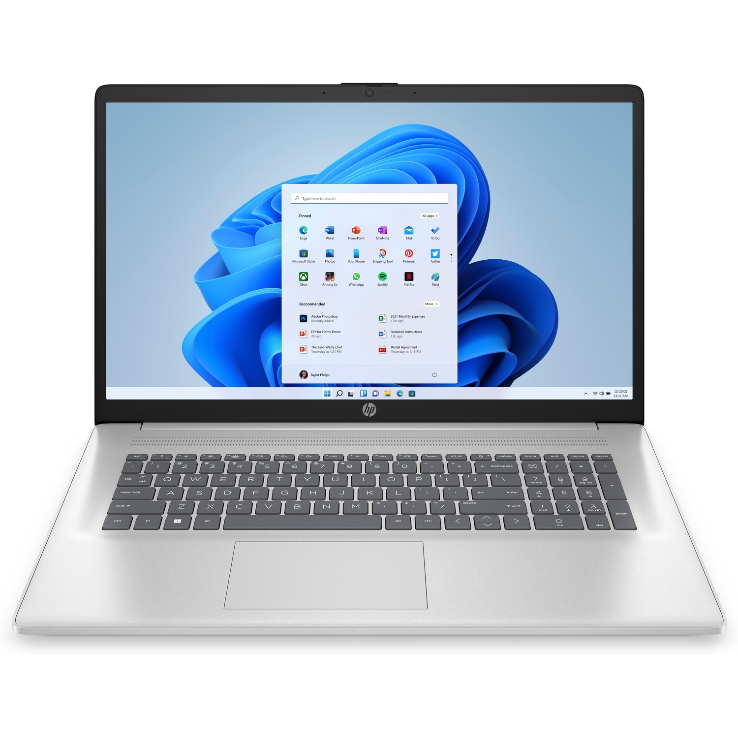 Silver HP laptop with Windows 11 start menu open showing apps.