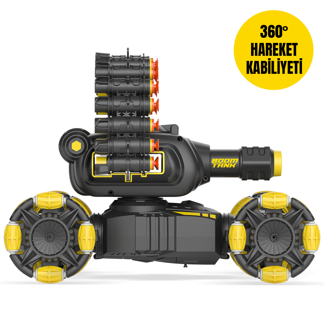 Sarı tekerlekli ve roketatarli siyah oyuncak tank. 360° hareket kabiliyeti.