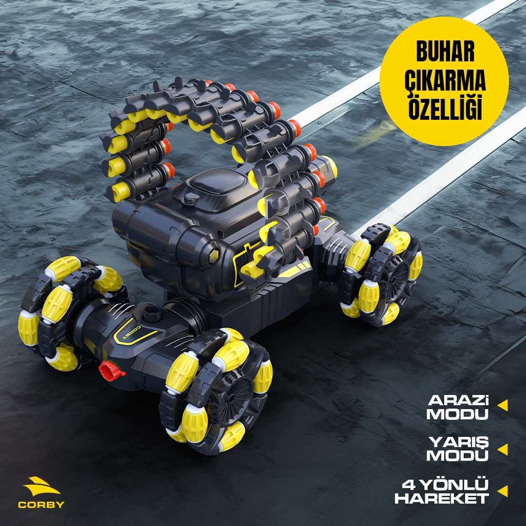 Sarı vurgulu siyah kumandalı araba, buhar özelliğine sahip, dokulu yüzeyde.