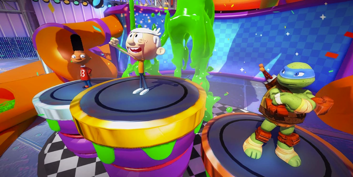 Nickelodeon Charaktere auf Podesten mit Schleim und Rutschen.