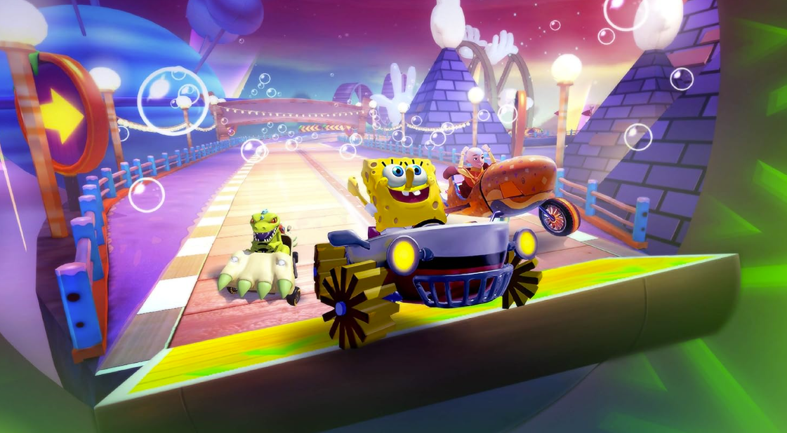 Spongebob und Freunde fahren in bunten Fahrzeugen auf einer Rennstrecke mit Blasen.