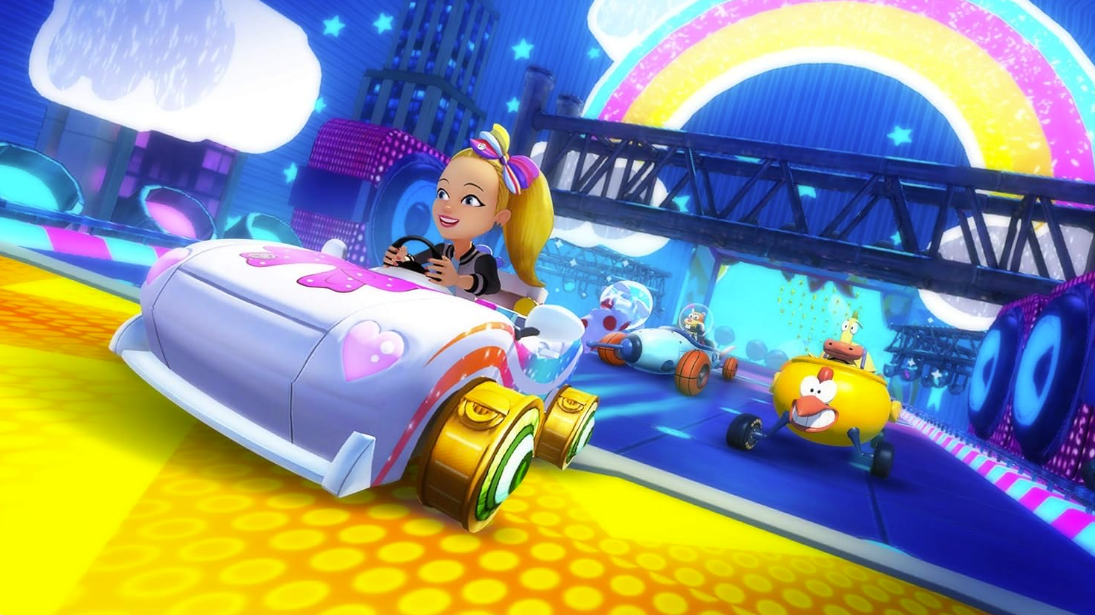 Ein Cartoon-Rennspiel mit JoJo Siwa in einem weißen Auto und anderen Charakteren.