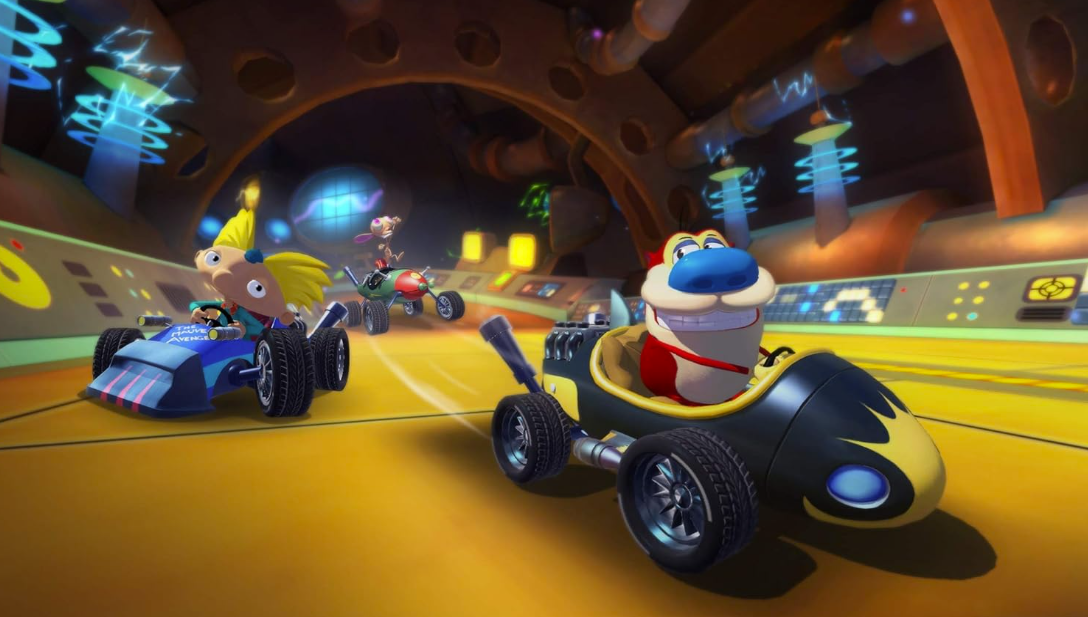 Arnold und Ren & Stimpy fahren Karts in einem futuristischen Tunnel.