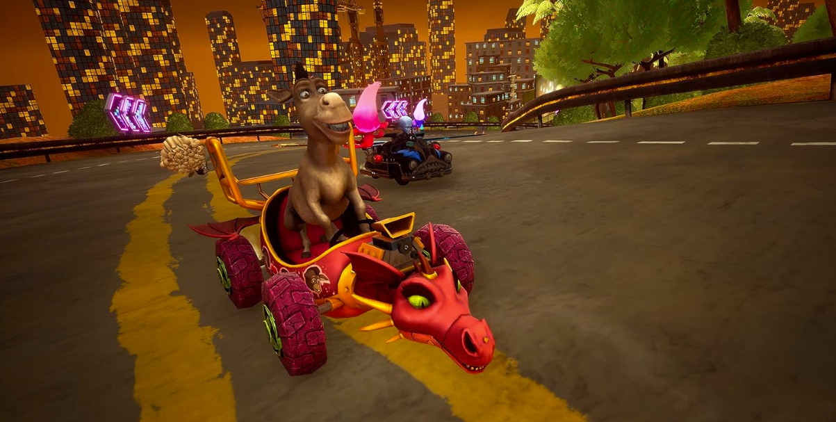 Donkey fährt in einem roten Drachen-Go-Kart auf einer Rennstrecke mit Stadthintergrund.