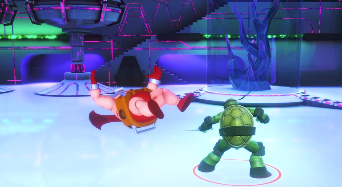 Ein grüner Ninja-Schildkröte-Kämpfer steht einem Gegner in gelber Rüstung gegenüber.
