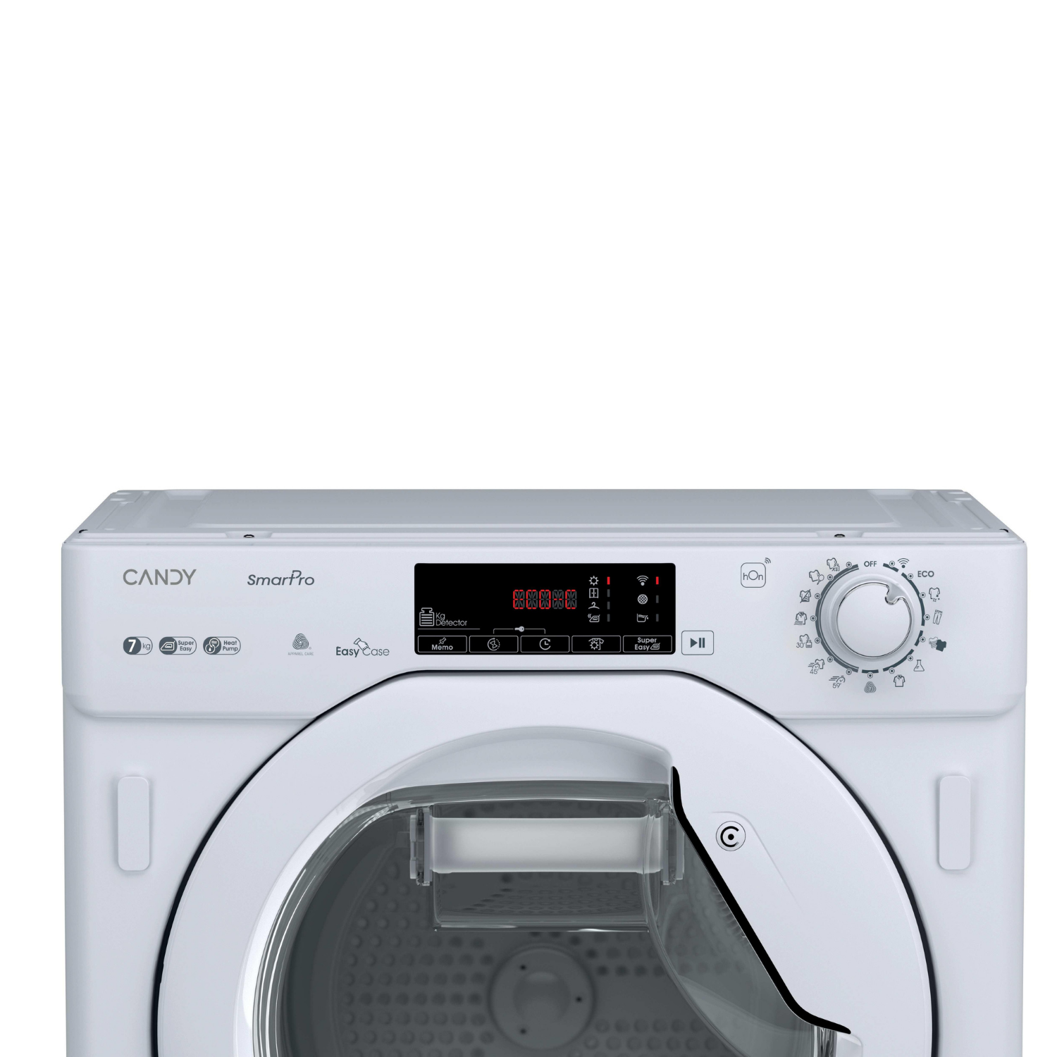 Vista frontal de secadora blanca Candy SmartPro con pantalla y dial.