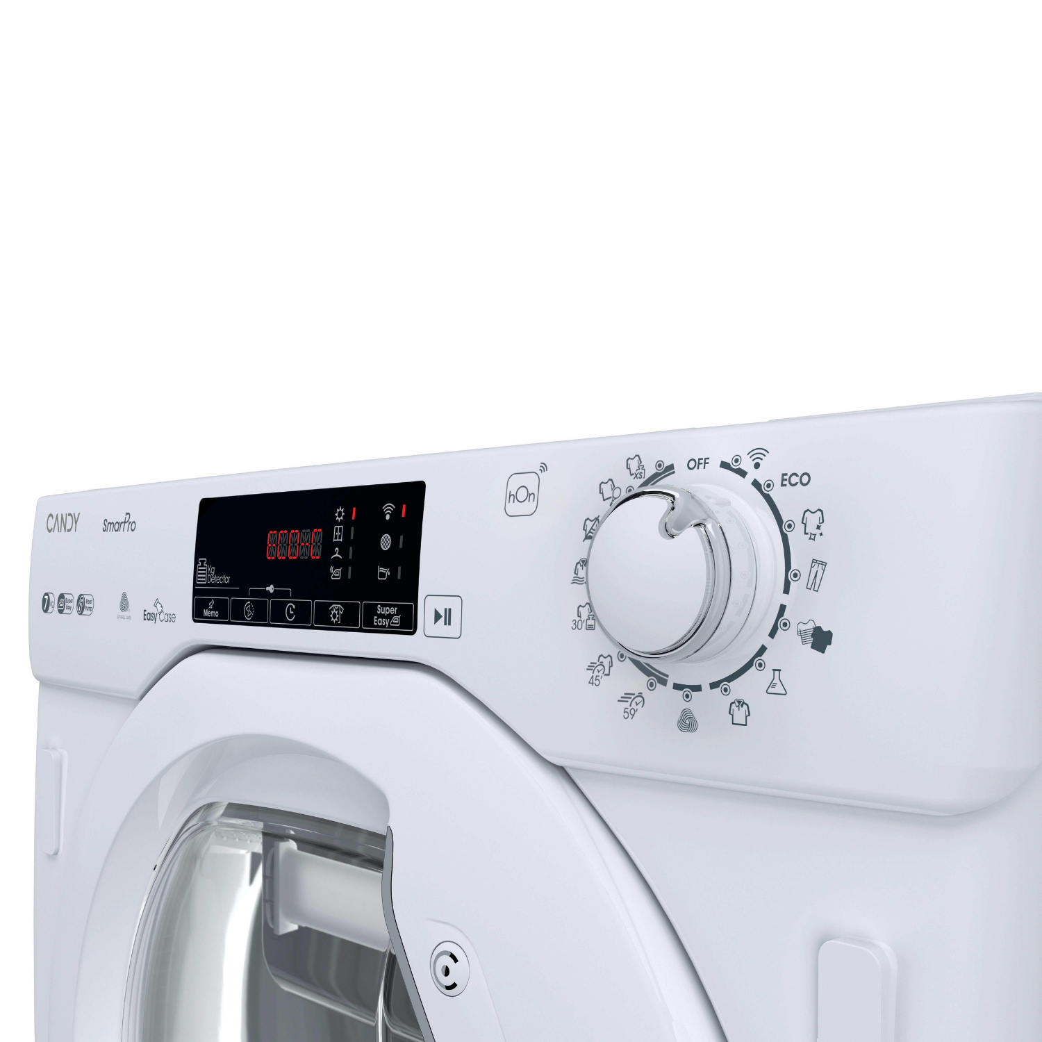 Una lavadora blanca Candy SmartPro con panel de control y selector de programas redondo.