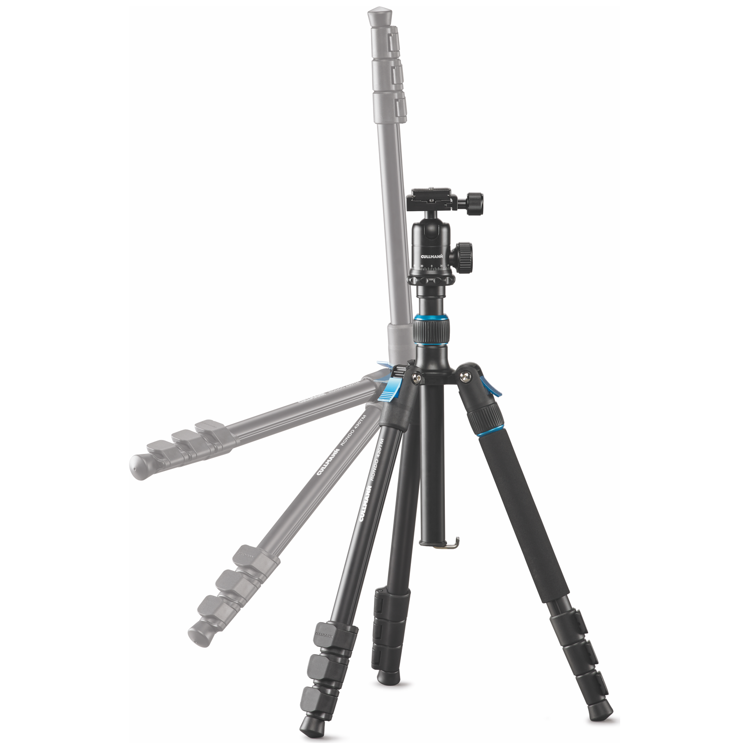 Een zwart Cullmann Rondo 430T M statief met balhoofd, in meerdere posities.