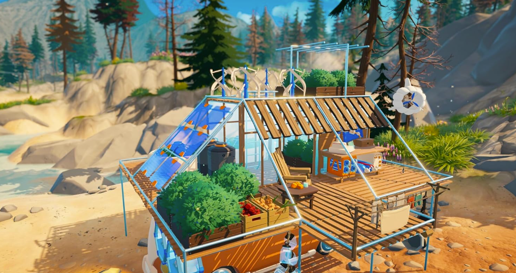 Ein futuristisches Strandhaus mit Gewächshaus, Solarzellen und Obst.