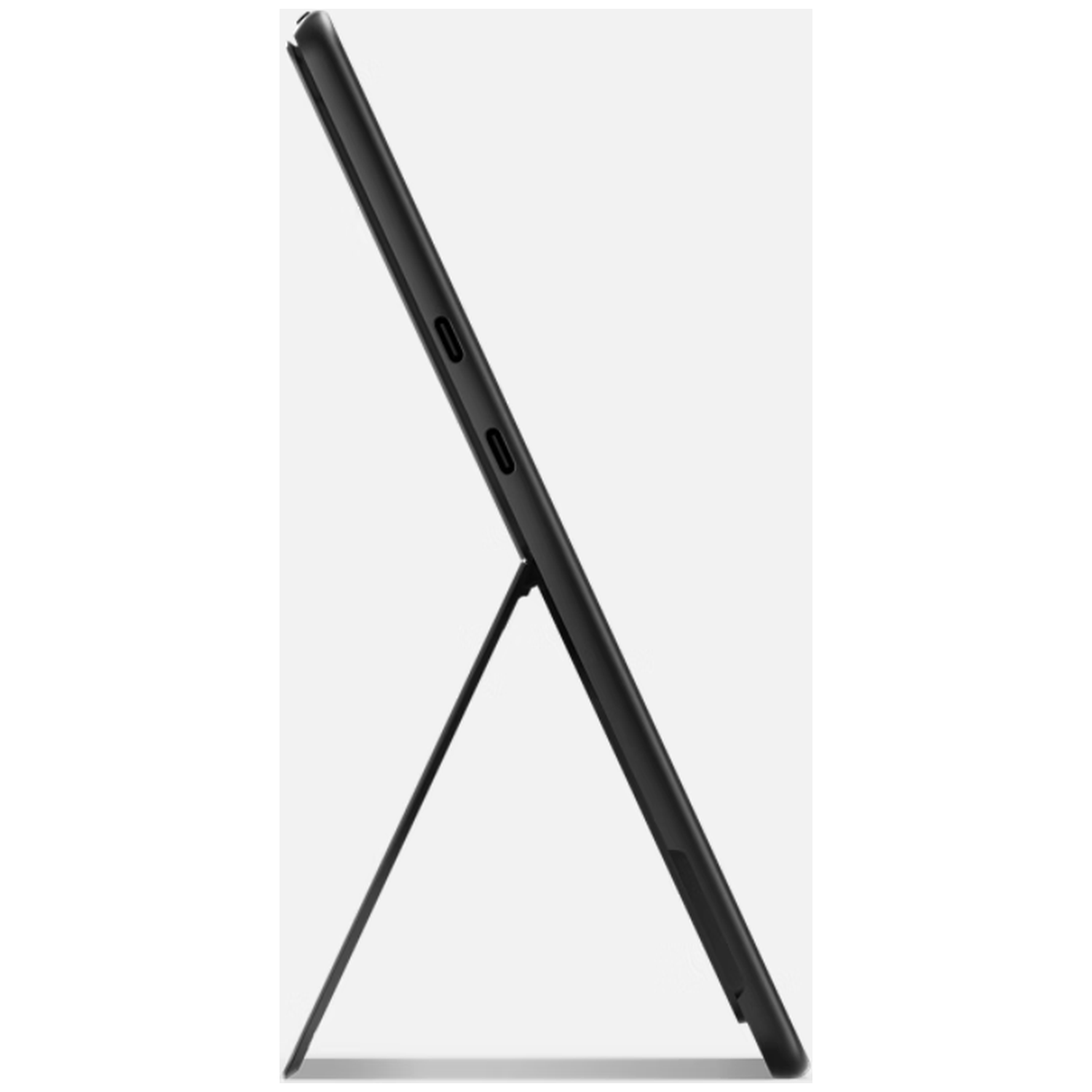 Een zwarte tablet met standaard, van opzij gezien.