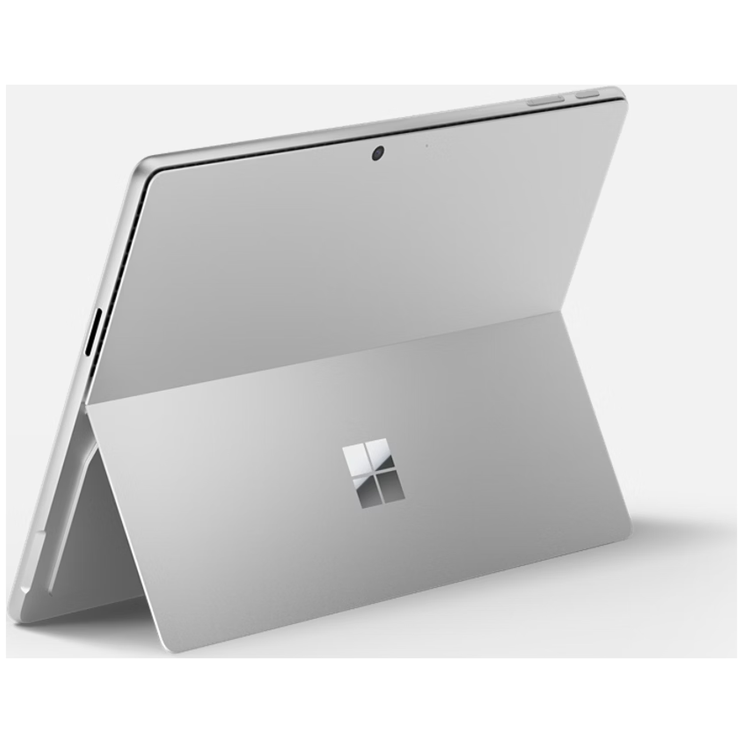 Een zilveren tablet met uitklapbare standaard. Het Microsoft-logo is zichtbaar.