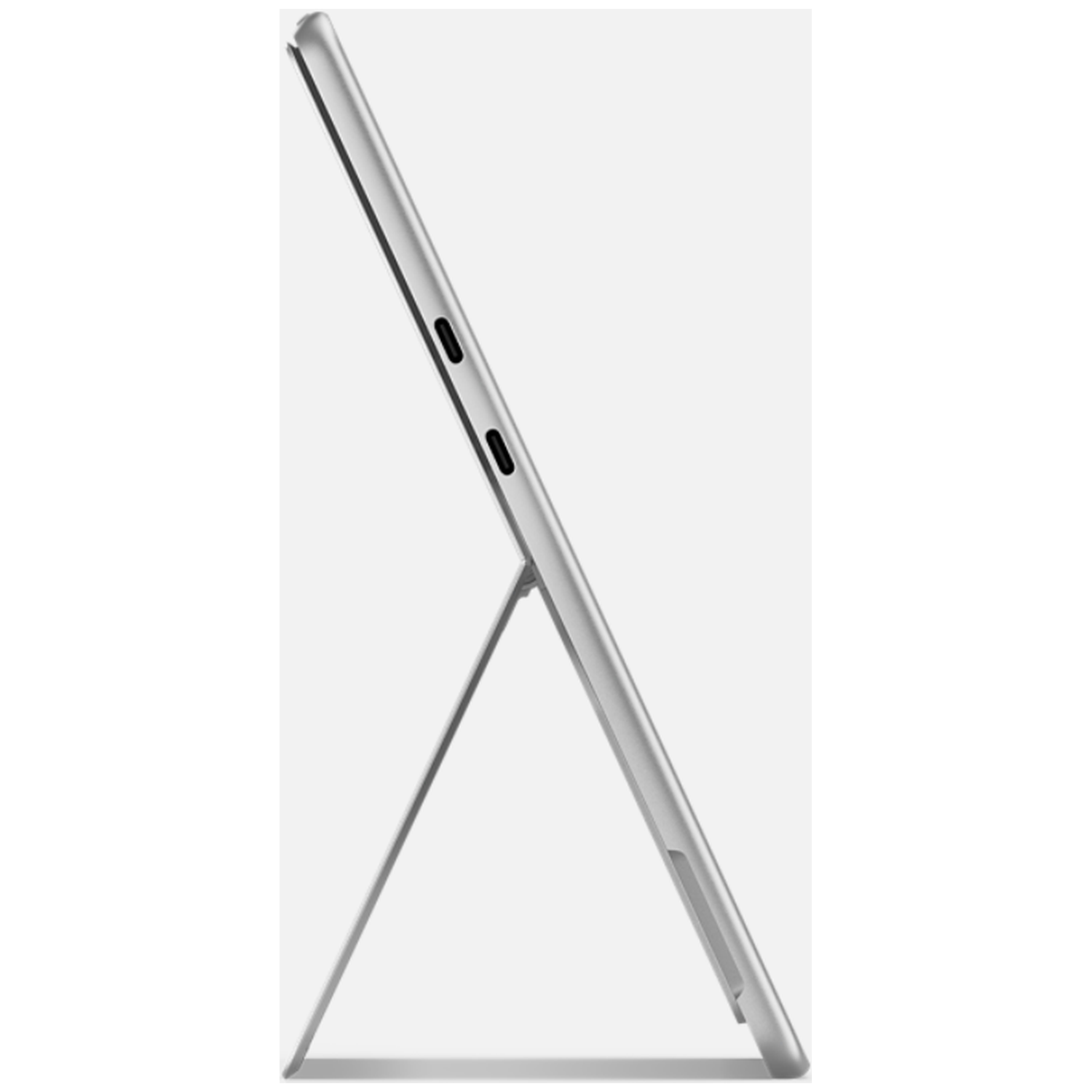 Een zilveren tablet met standaard, van opzij gezien.