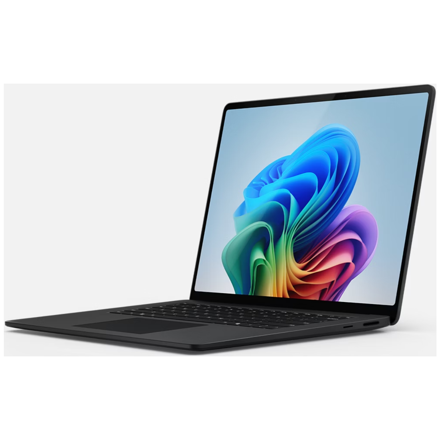 Een zwarte laptop met een kleurrijke, wervelende achtergrondafbeelding op het scherm.