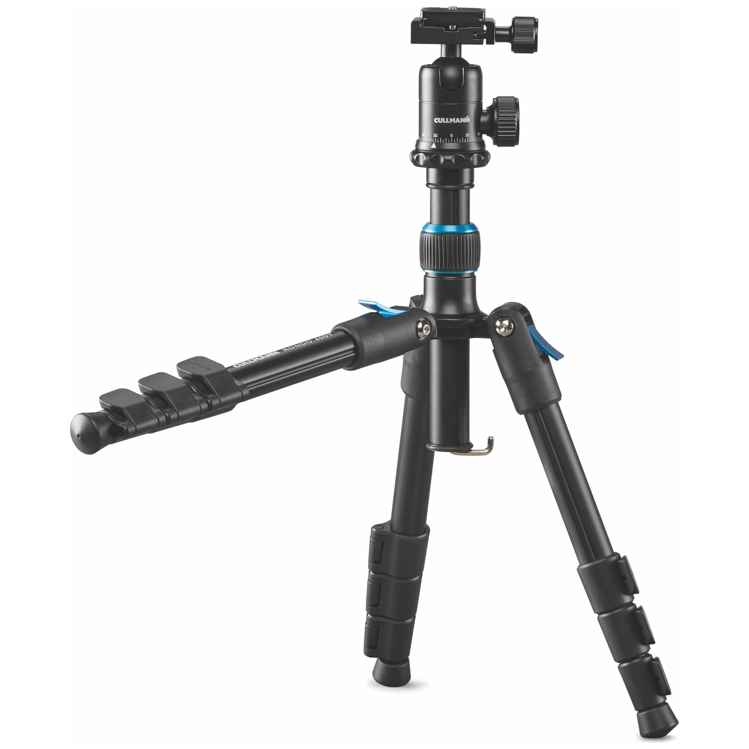 A black Cullmann tripod with a blue ring and camera mount.