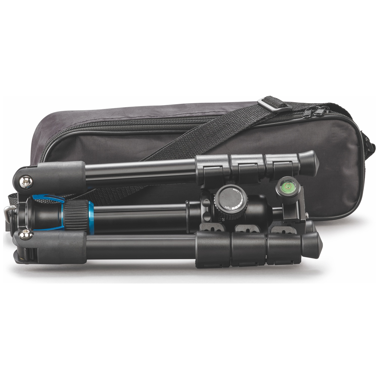 A black tripod with a bag. Close-up of its components.
