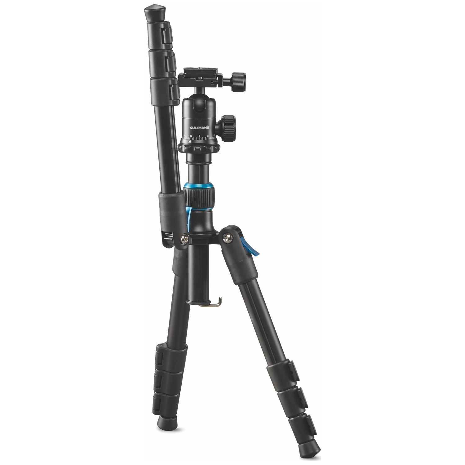 A black Cullmann tripod with a ball head and blue accents stands on a white background.