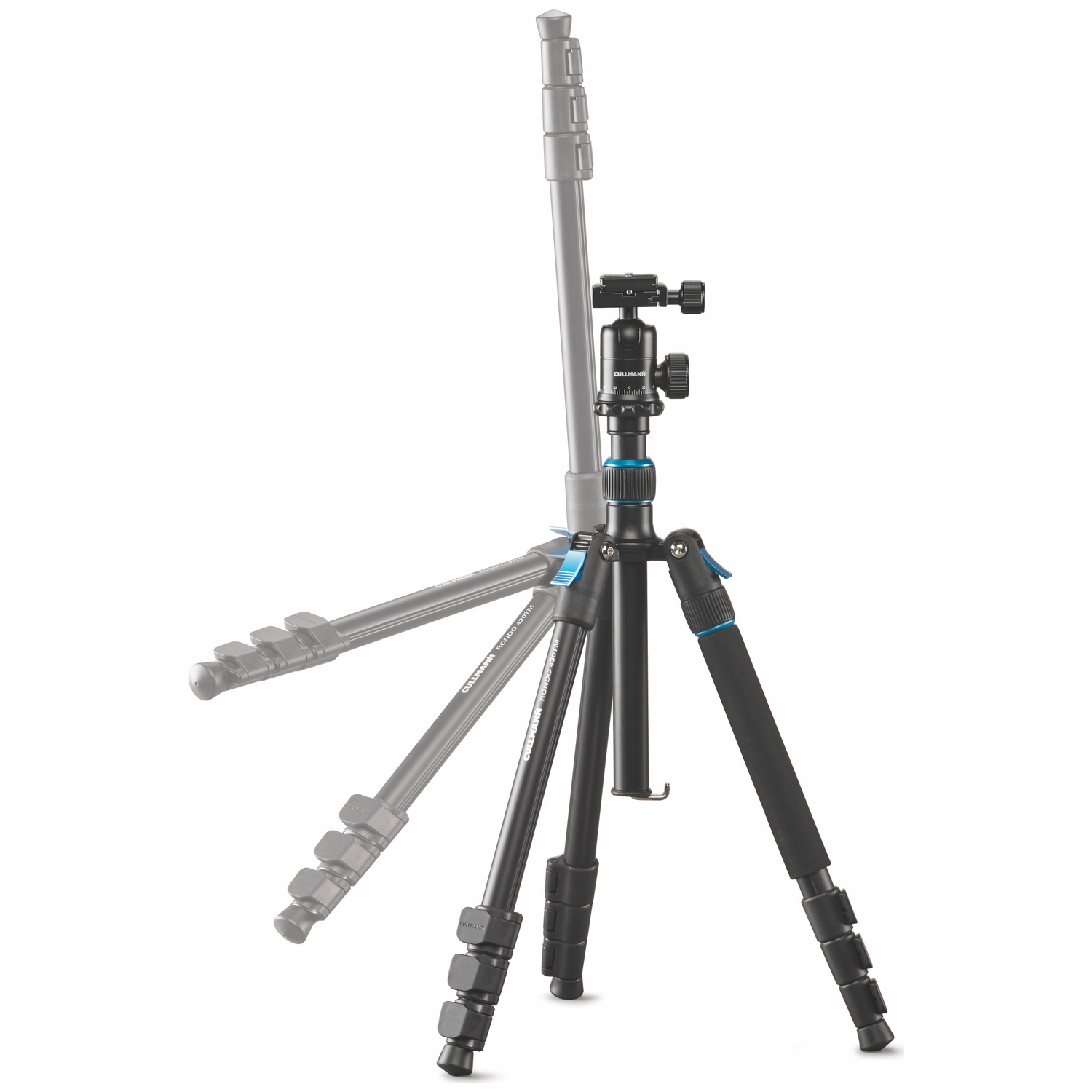 A black Cullmann Rondo tripod with a ball head shown in multiple positions.