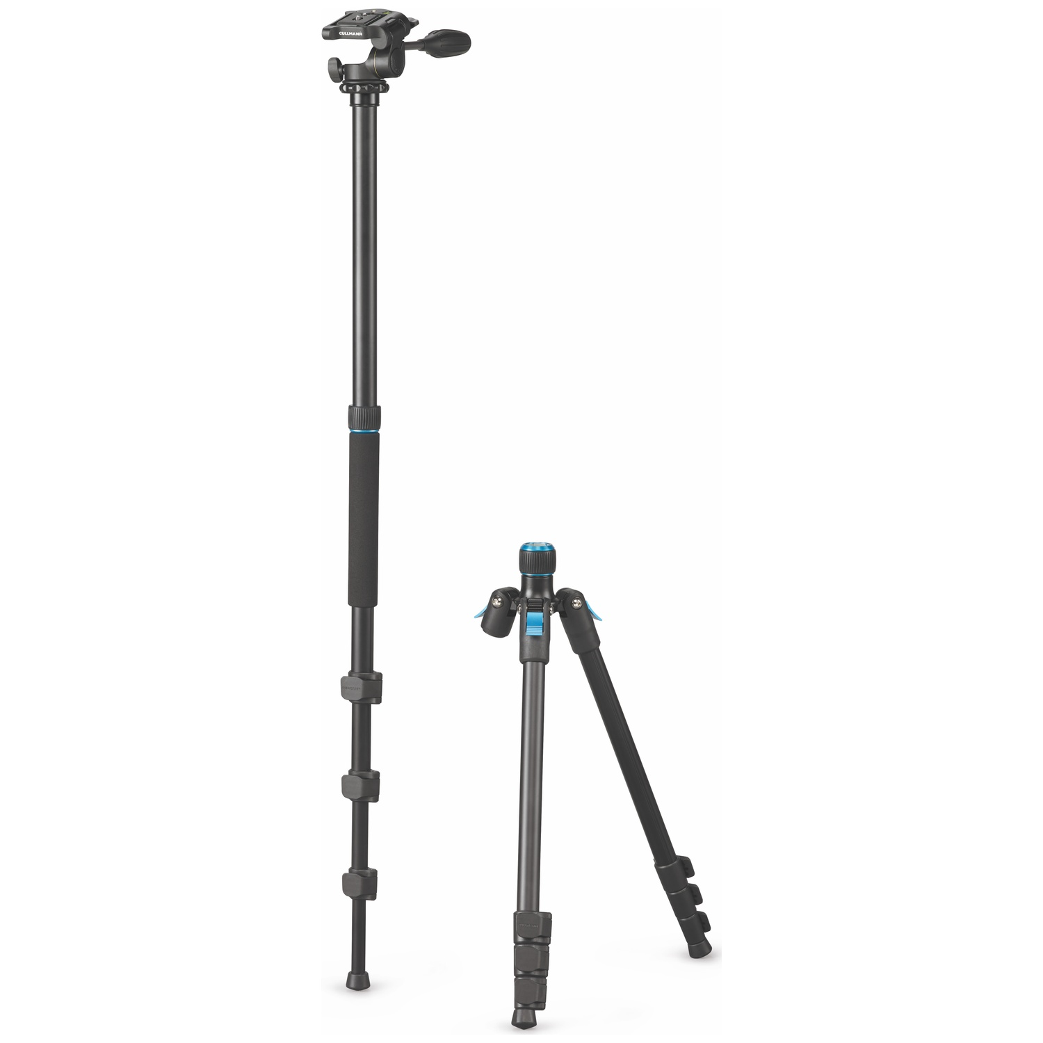 An upright and a angled black tripod leg with silver accents.
