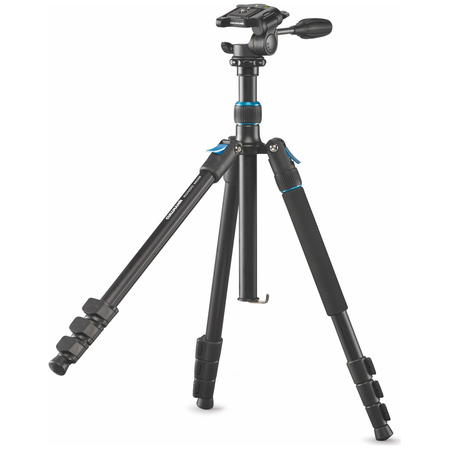 A black Cullmann Rondo 450M tripod with blue accents on a white background.