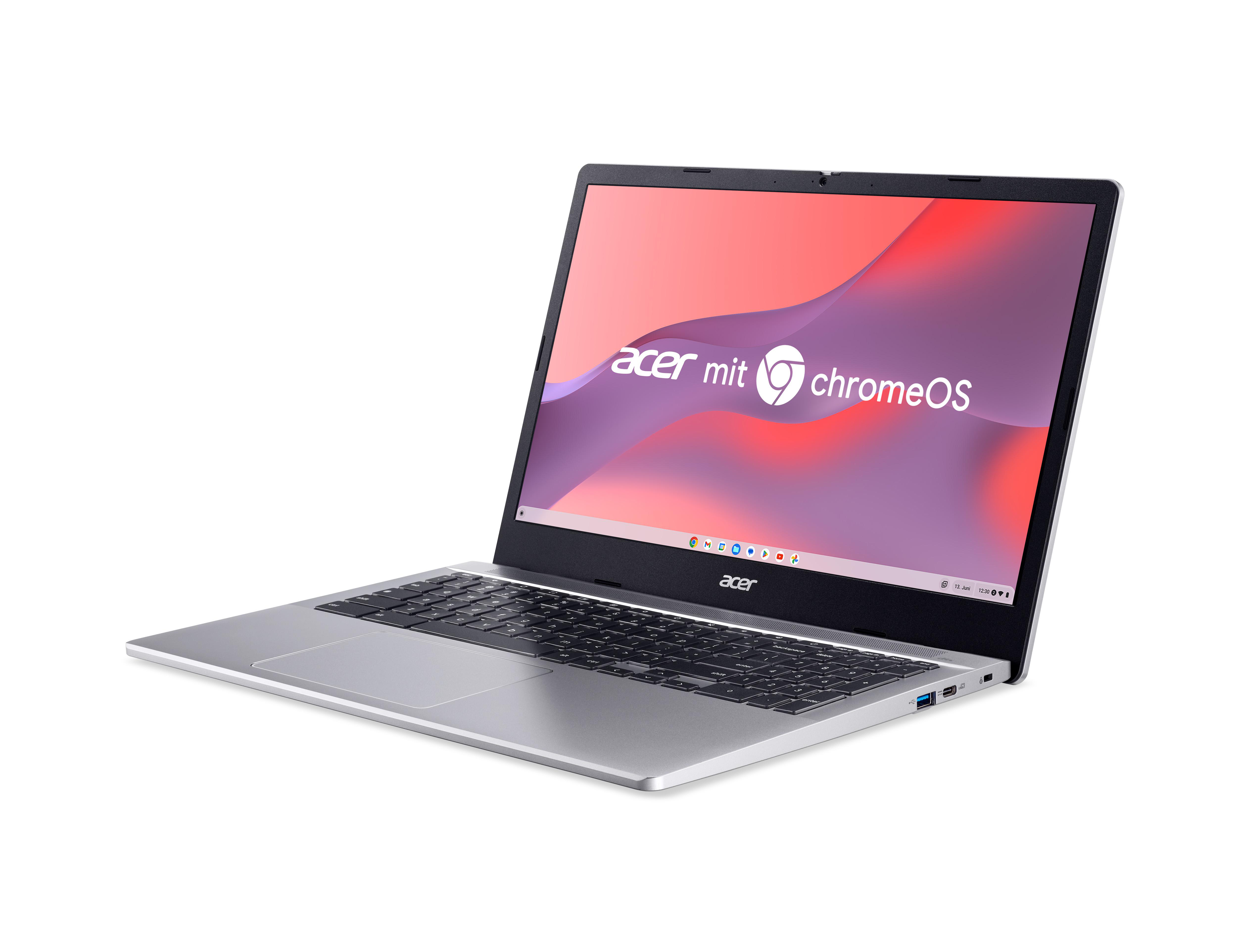 Ein silberner Acer Laptop mit geöffnetem Bildschirm, der ChromeOS anzeigt.
