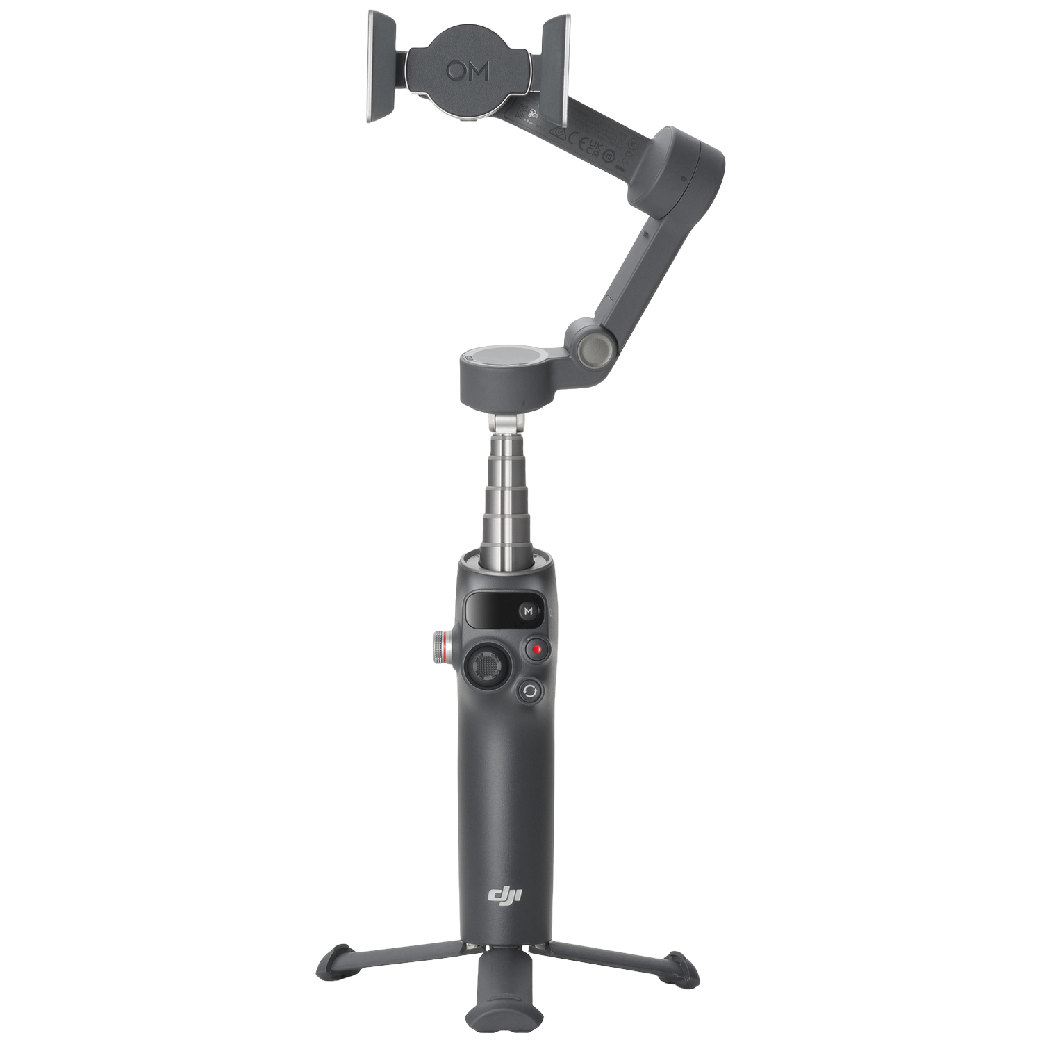 Een donkere gimbal met een opvouwbaar statief en telefoonhouder.
