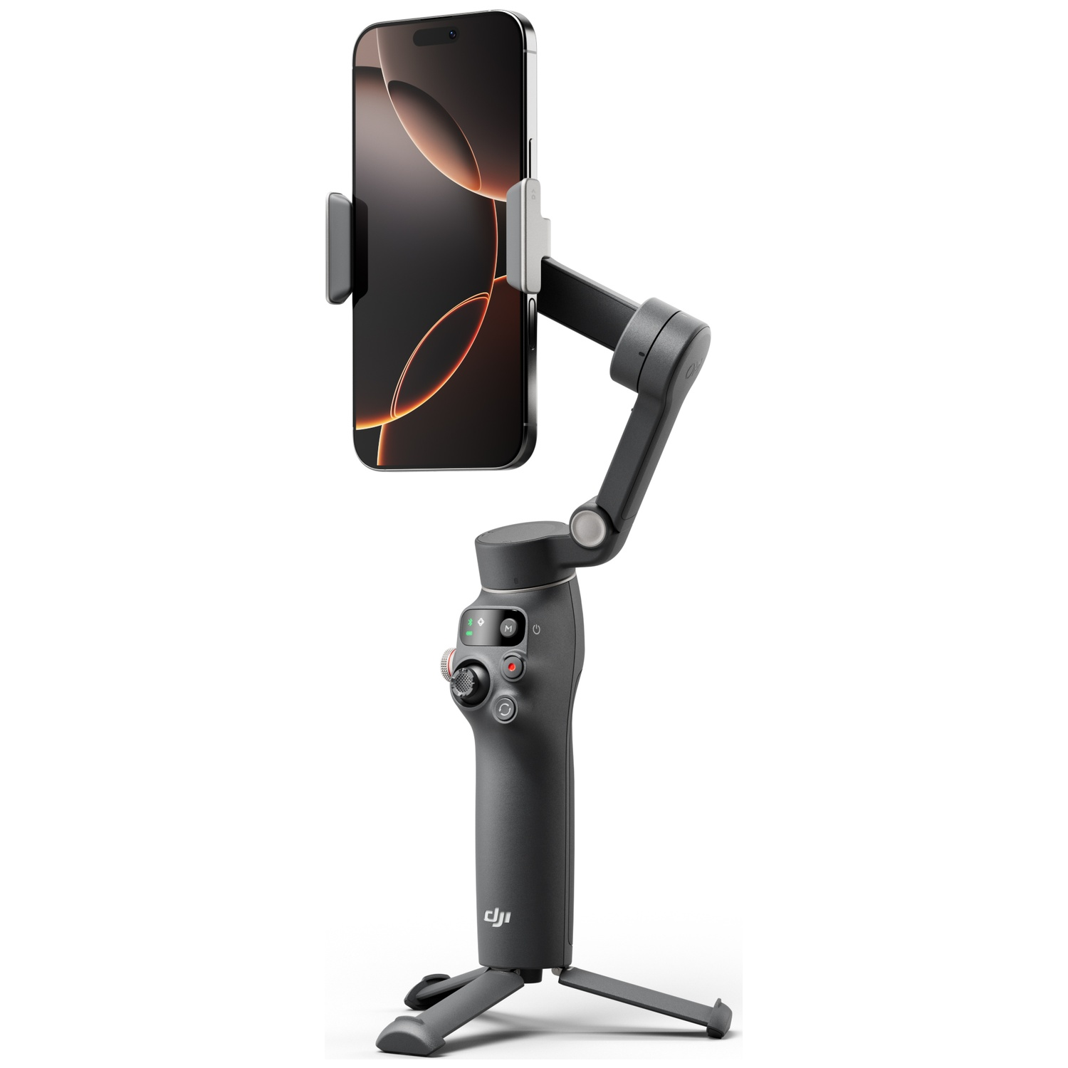 Een donkere smartphone gimbal met een inklapbaar statief en een telefoon.