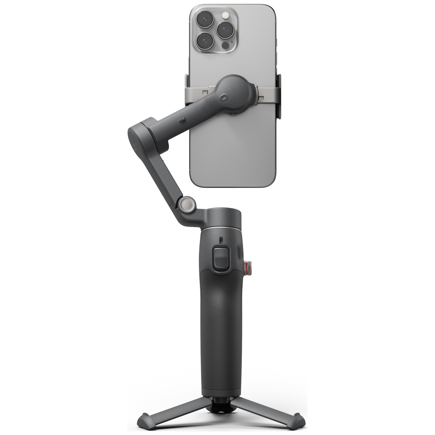 Grijze smartphone gimbal met telefoon en opvouwbare statiefbasis.