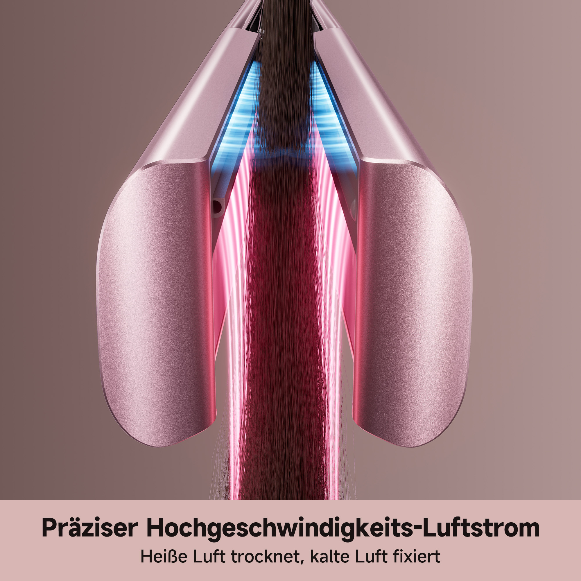 Haartrockner mit rosa Metallgehäuse, der Luft auf das Haar bläst.