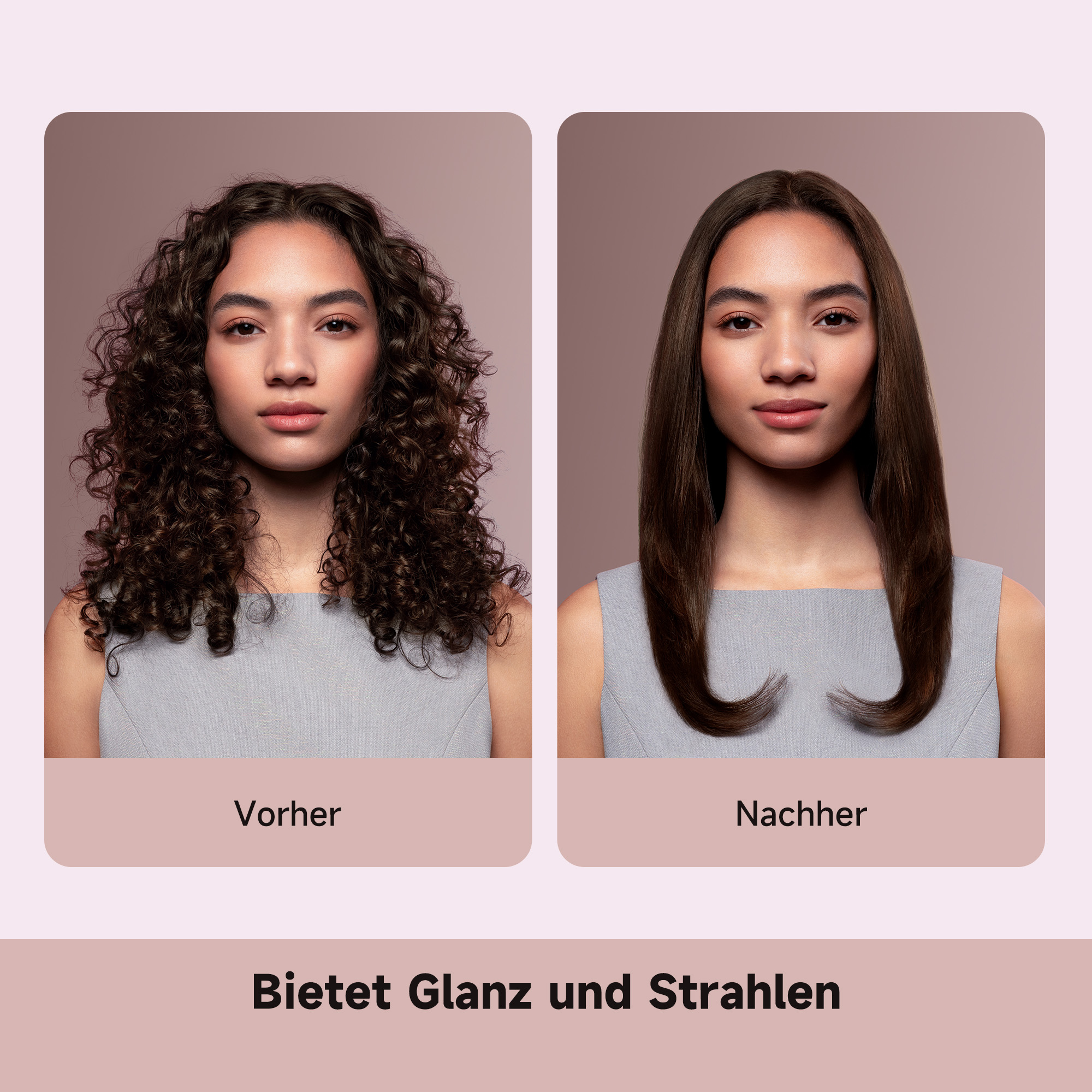 Vorher: Lockiges Haar, Nachher: Glattes Haar, beide Frauen tragen graues Kleid.