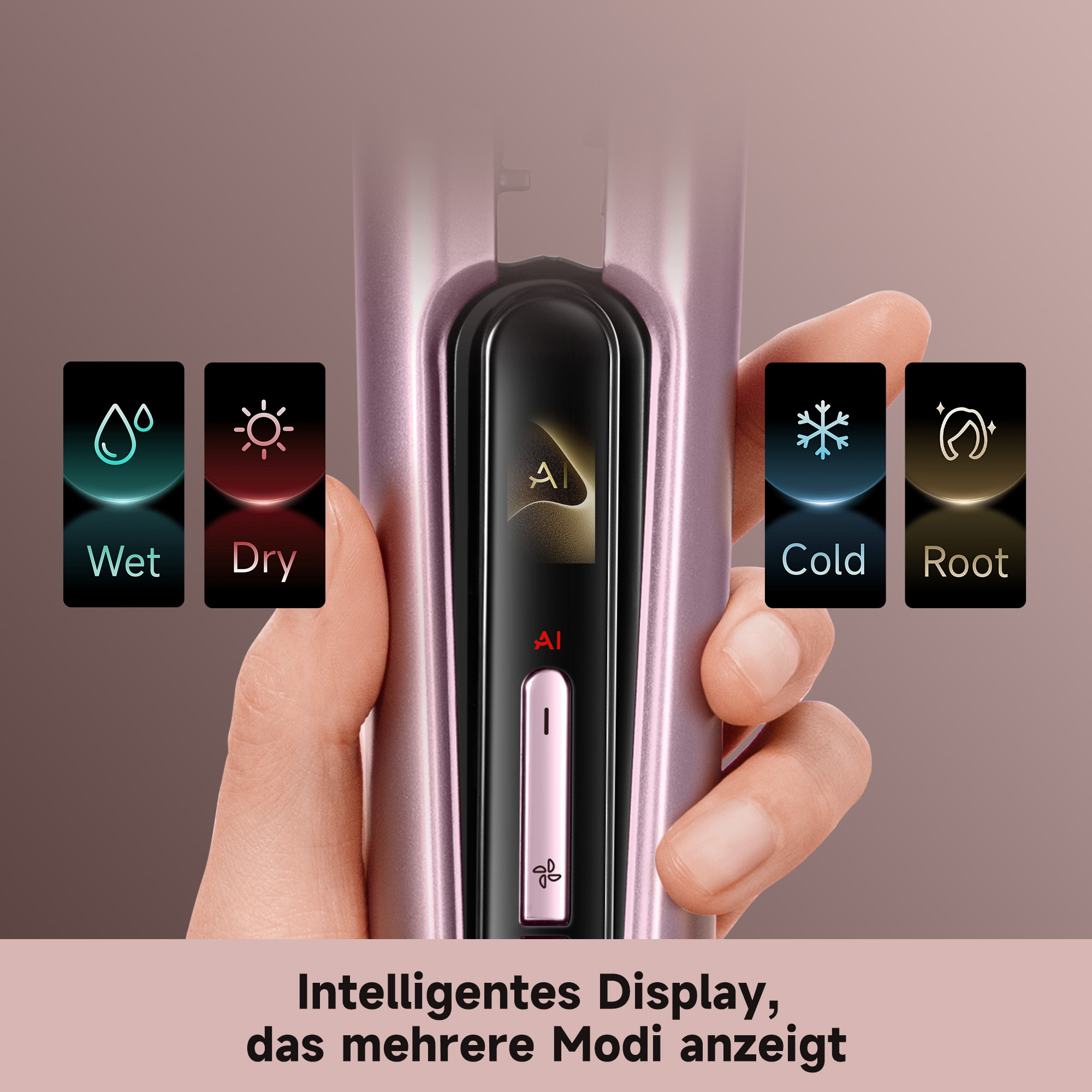 Ein roségoldenes Haarstyling-Gerät mit einem digitalen Display, das Modi wie NASS, TROCKEN, KALT und ROOT anzeigt.