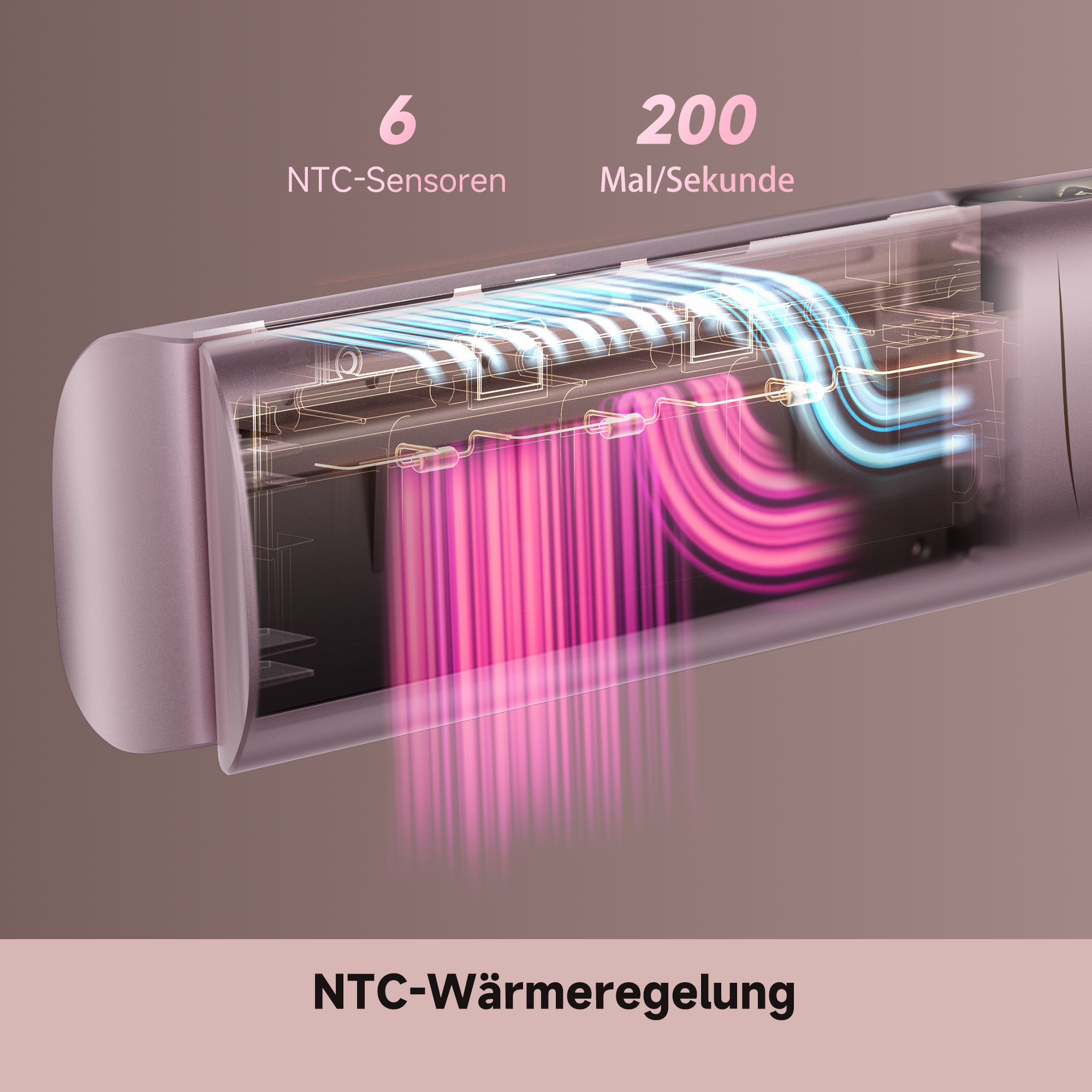 Einblick in ein Gerät mit blauen und pinken Energieflüssen und Text.