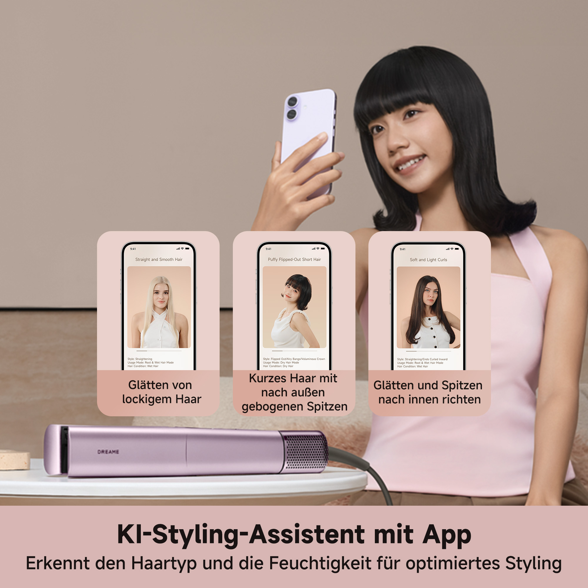 KI-Styling-Assistent mit App zeigt Frauen mit verschiedenen Frisuren.