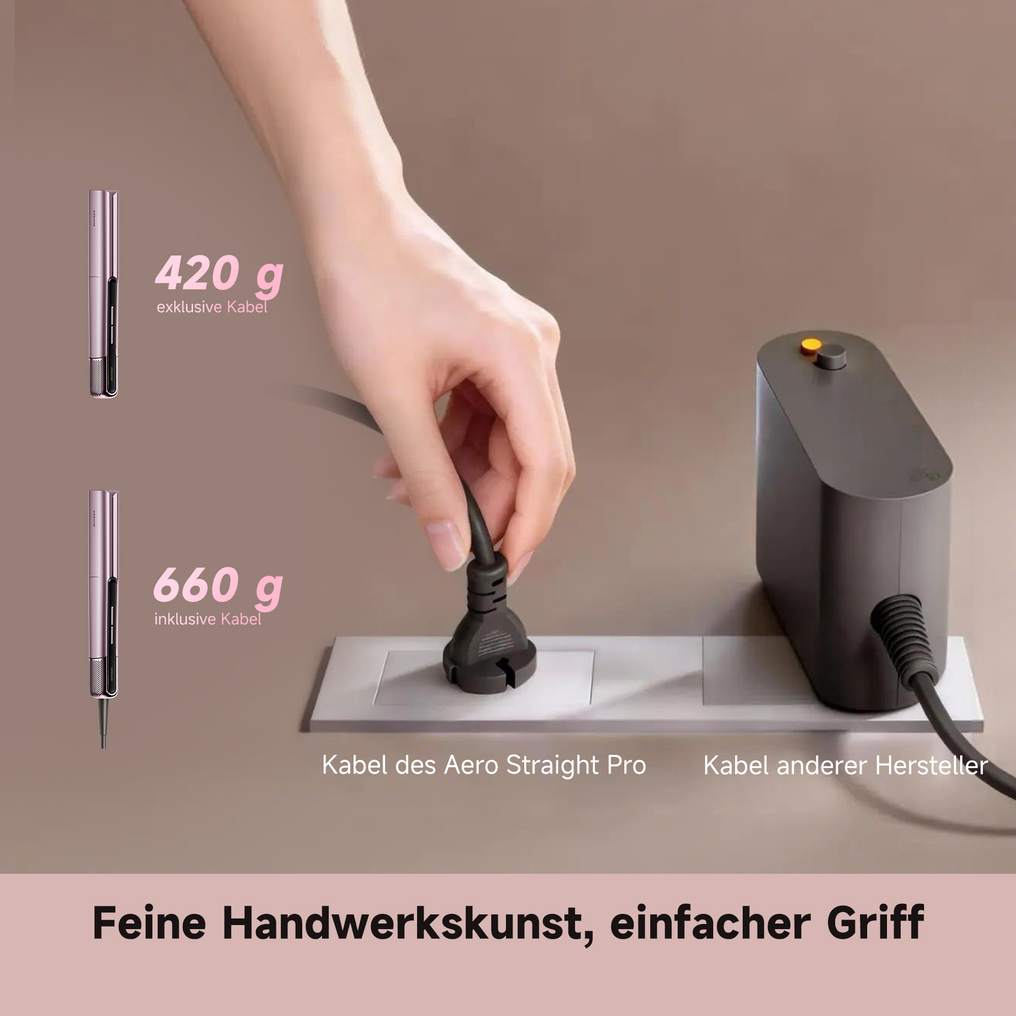 Ein Stecker wird in eine Steckdose gesteckt. Zwei Gewichte sind angegeben.