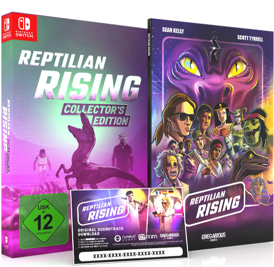 Collector's Edition von Reptilian Rising für Nintendo Switch, mit Artwork und Soundtrack-Code.