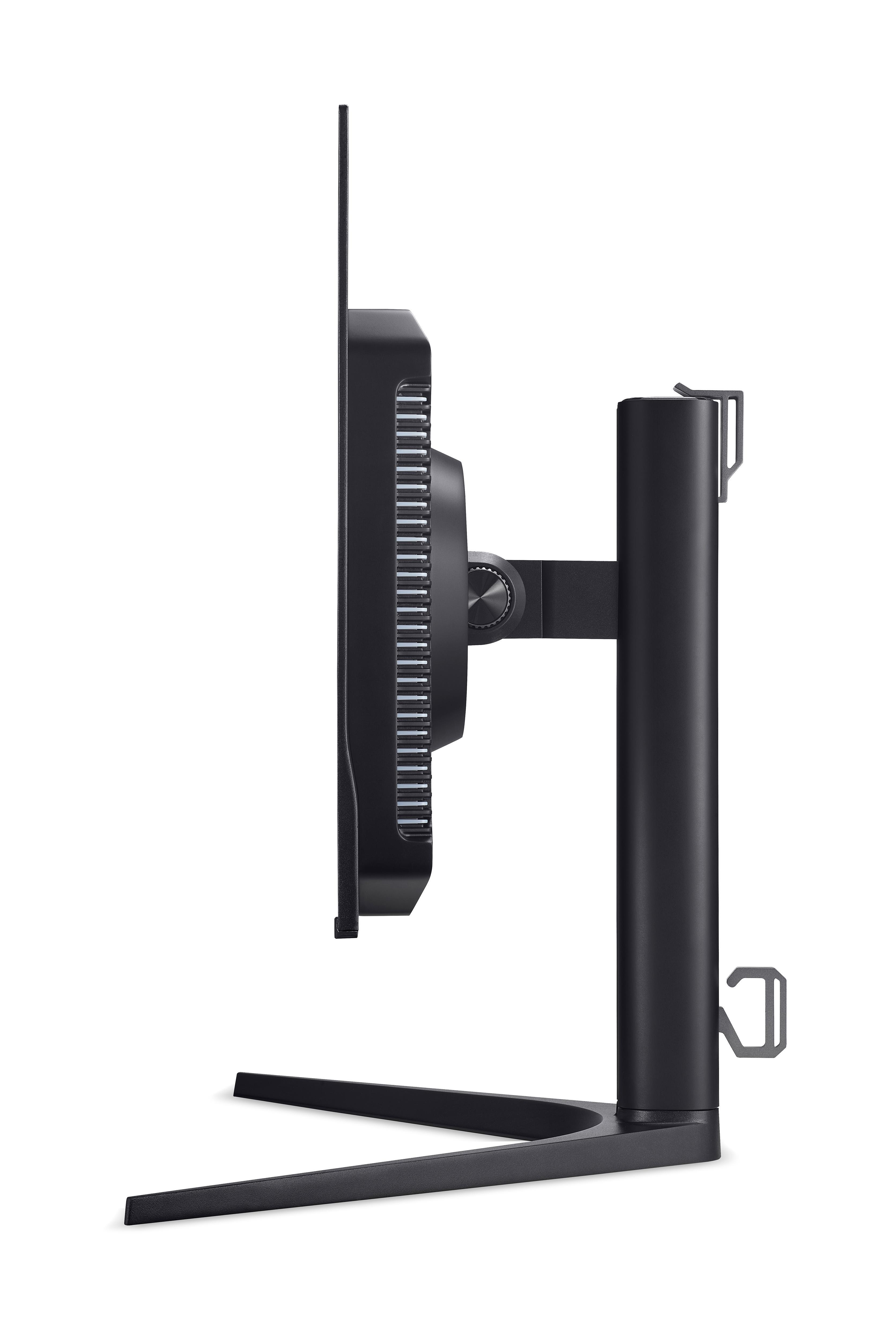Eine schwarze Monitorrückseite mit Lüftungsschlitzen und einem Ständer.