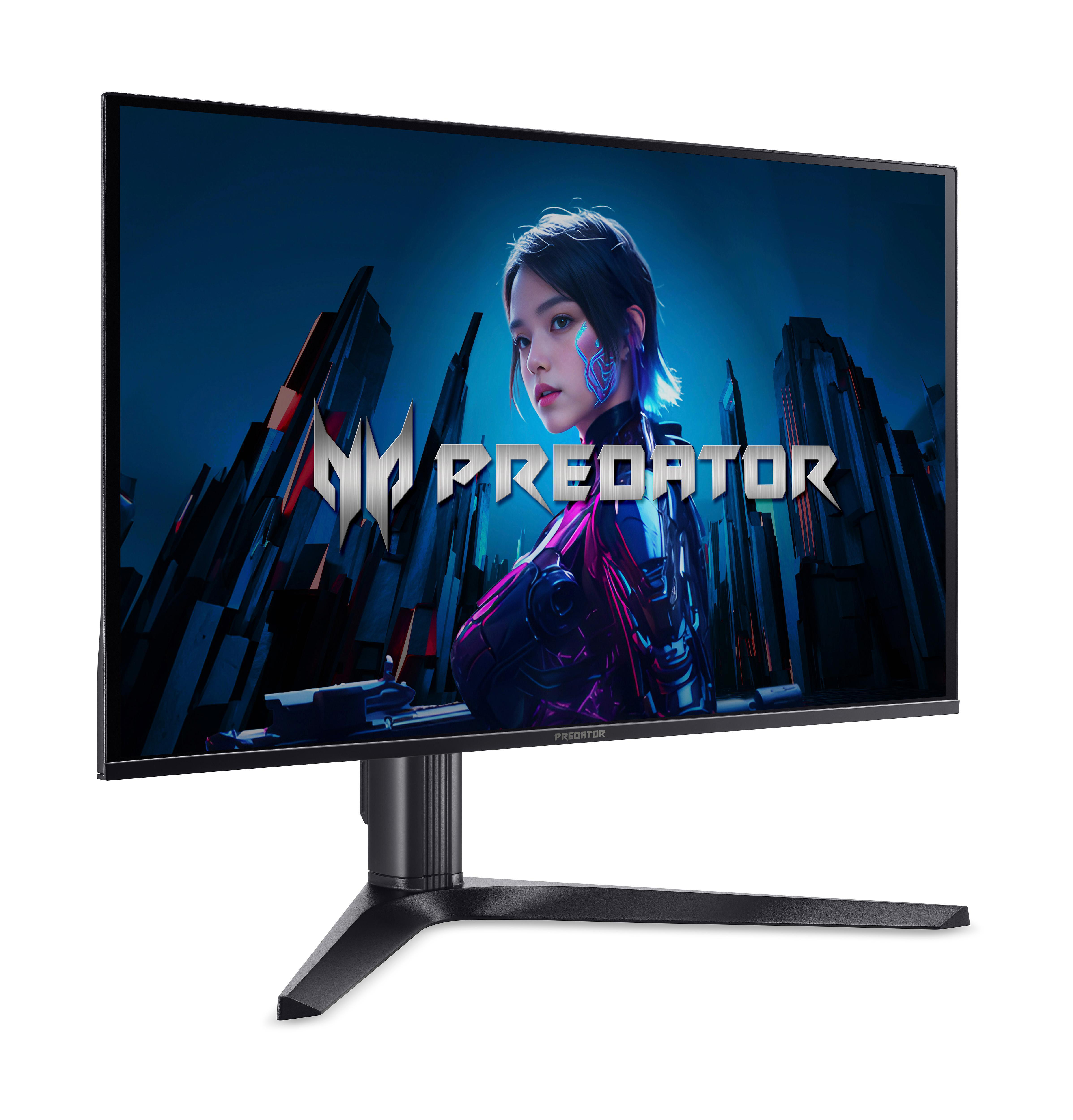 Ein Gaming-Monitor mit einem Anime-Mädchen und dem PREDATOR-Logo vor einer futuristischen Stadt.