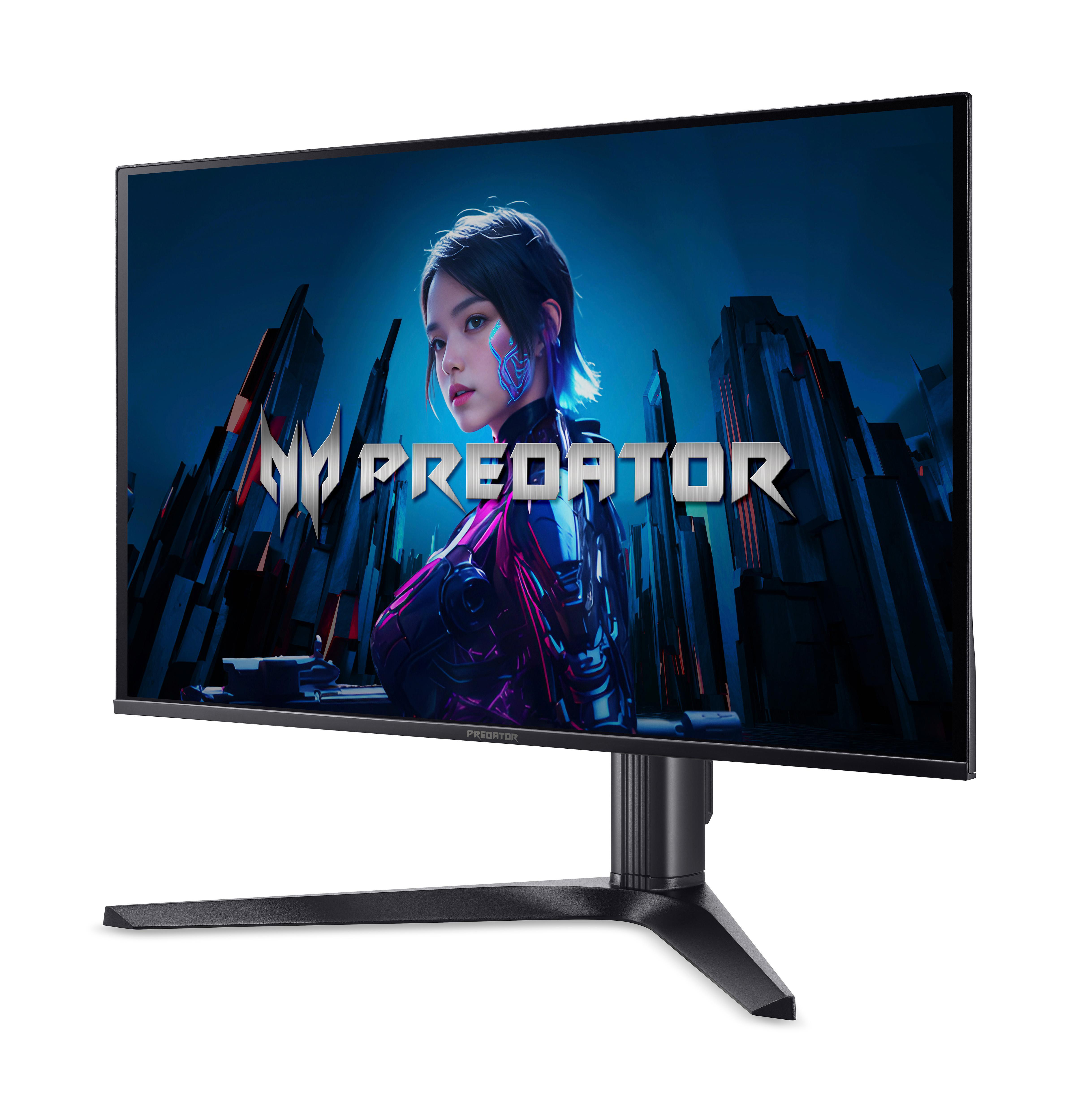Ein Gaming-Monitor zeigt ein futuristisches Bild mit einer Frau und dem PREDATOR-Logo.